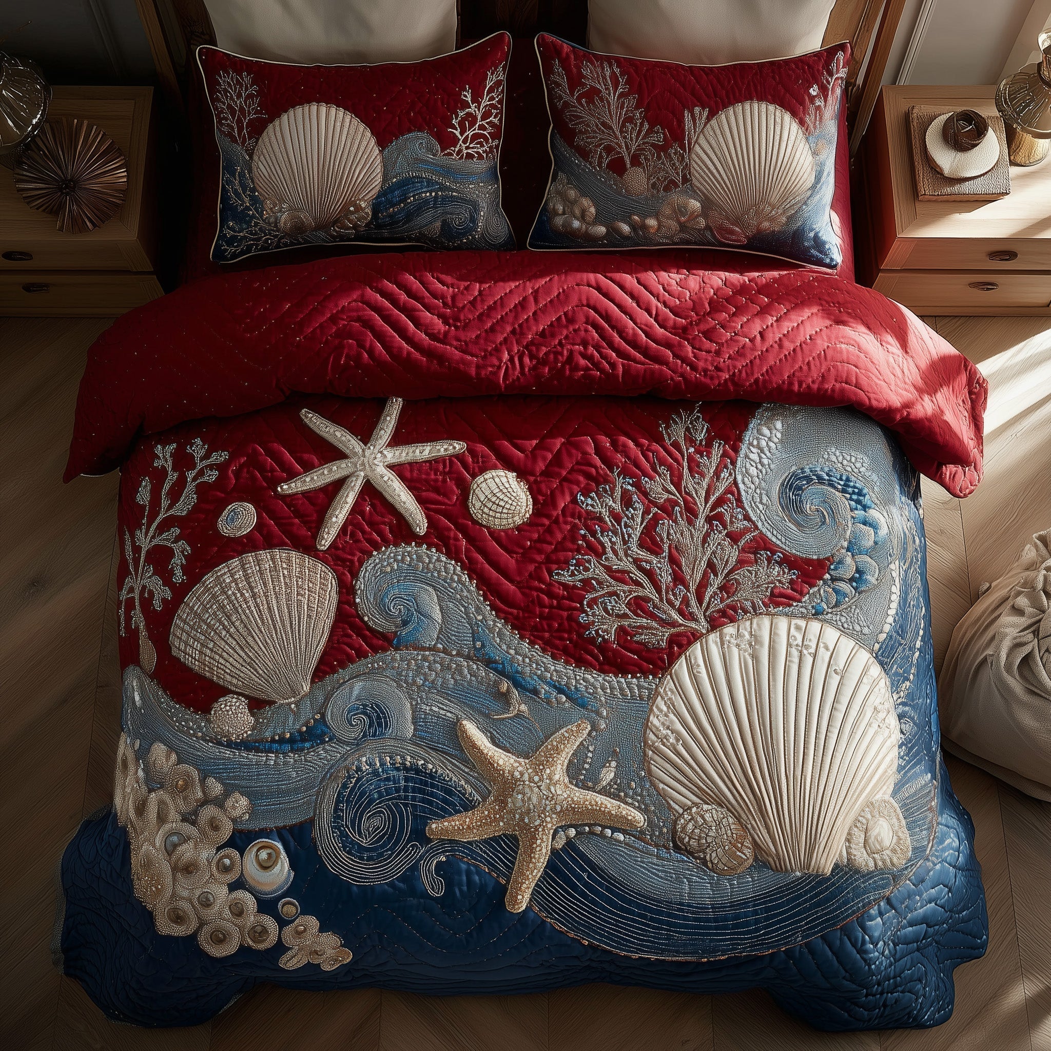 Ocean Breeze Quilted Bedding Set Marine Life Decorations Unique Seashells Bedding Gifts - Bancroftclothings