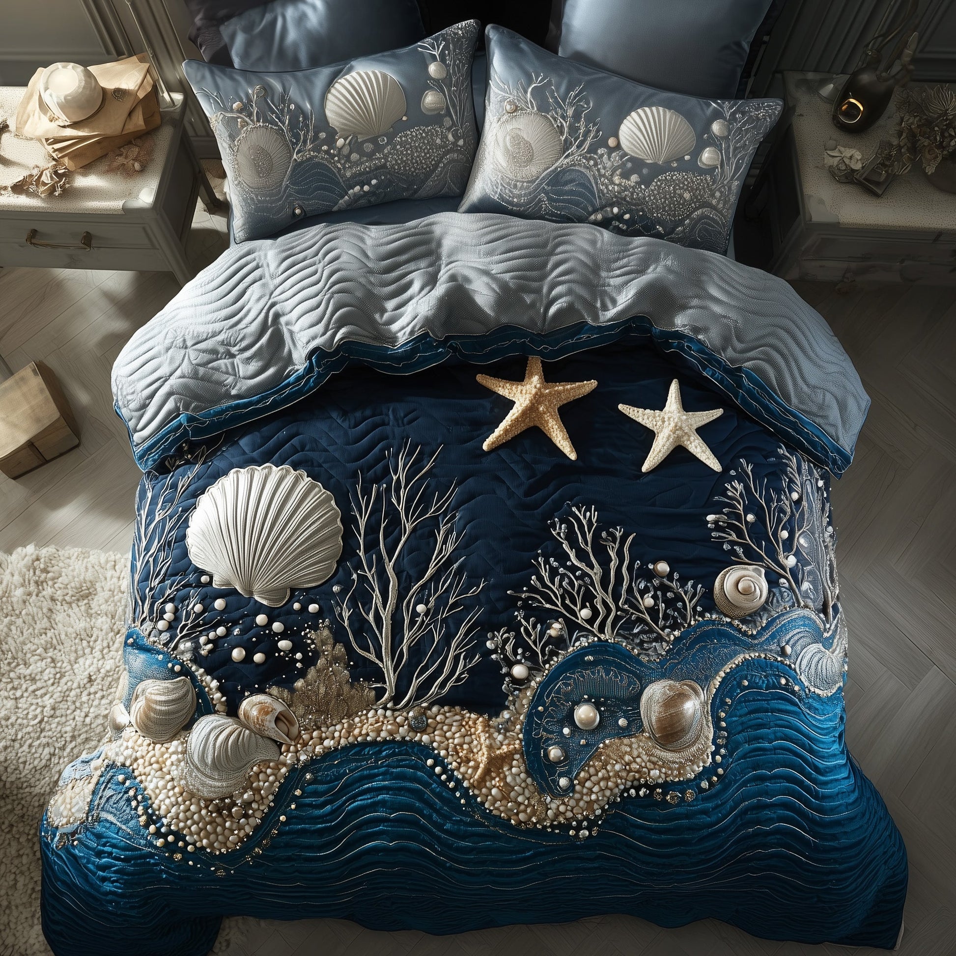 Ocean Breeze Quilted Bedding Set Seashell And Starfish Decor Unique Bedding Gift Ideas - Bancroftclothings