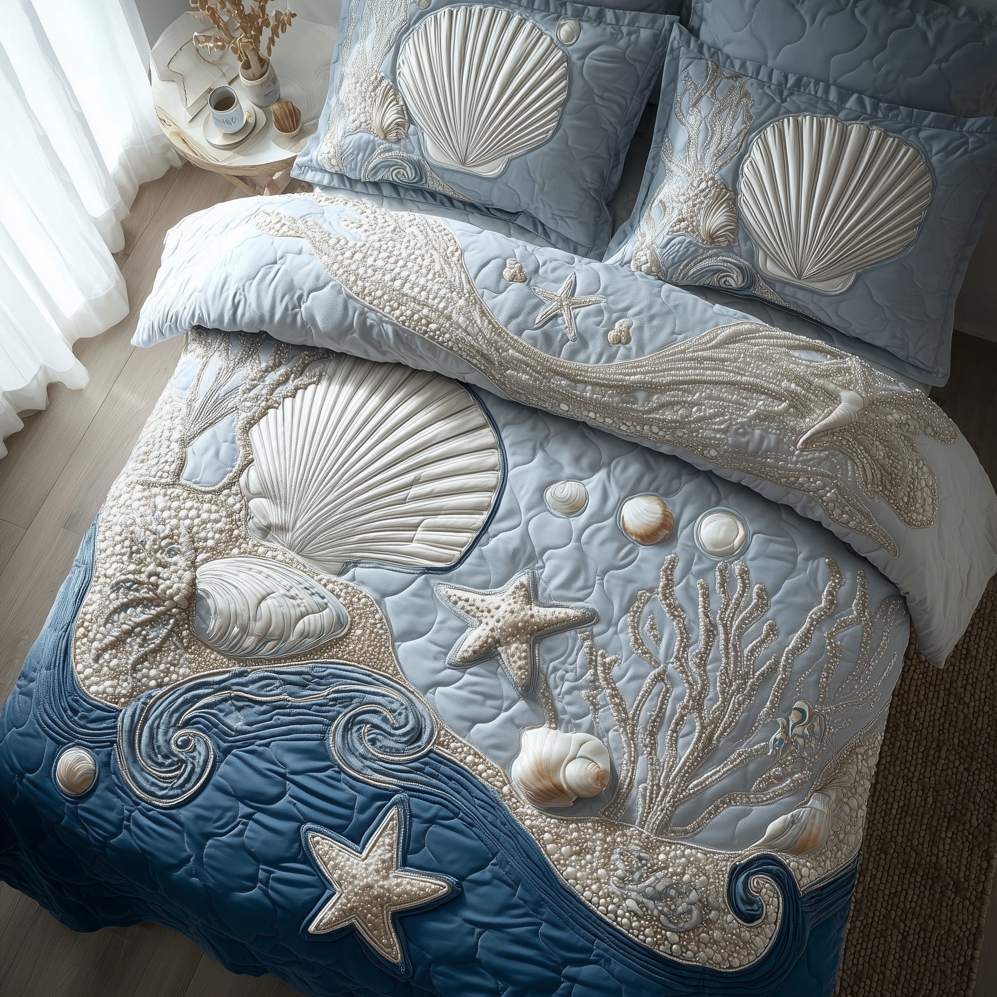 Ocean Breeze Quilted Bedding Set Shell Starfish Unique Ocean Vibes Bedroom Gift Ideas - Bancroftclothings