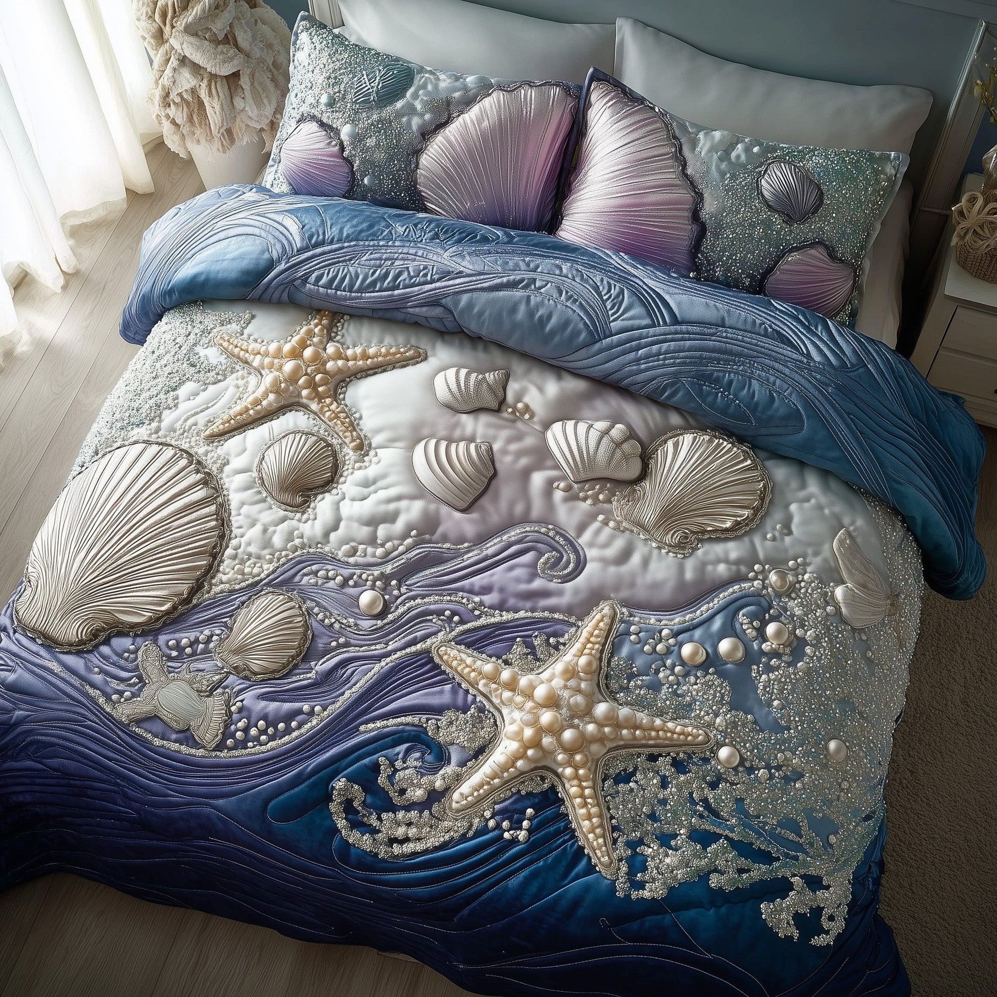 Ocean Breeze Quilted Bedding Set Starfish And Shells Best Ocean Vibes Bedroom Gift Ideas - Bancroftclothings
