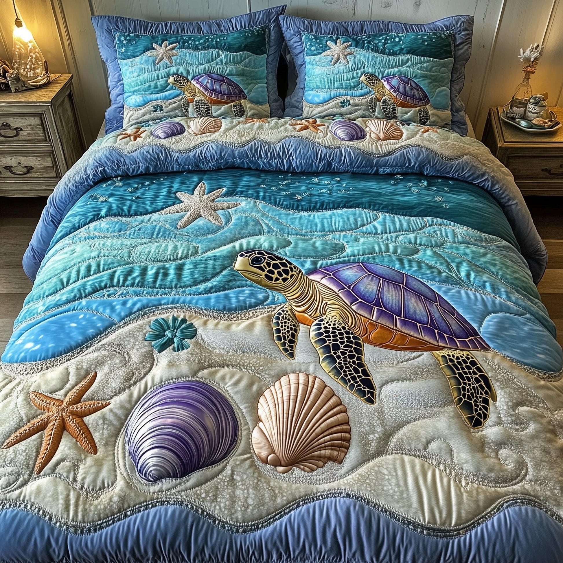 Ocean Journey Quilted Bedding Set Marine Life Illustration Turtle Lovers Bedding Gifts - Bancroftclothings