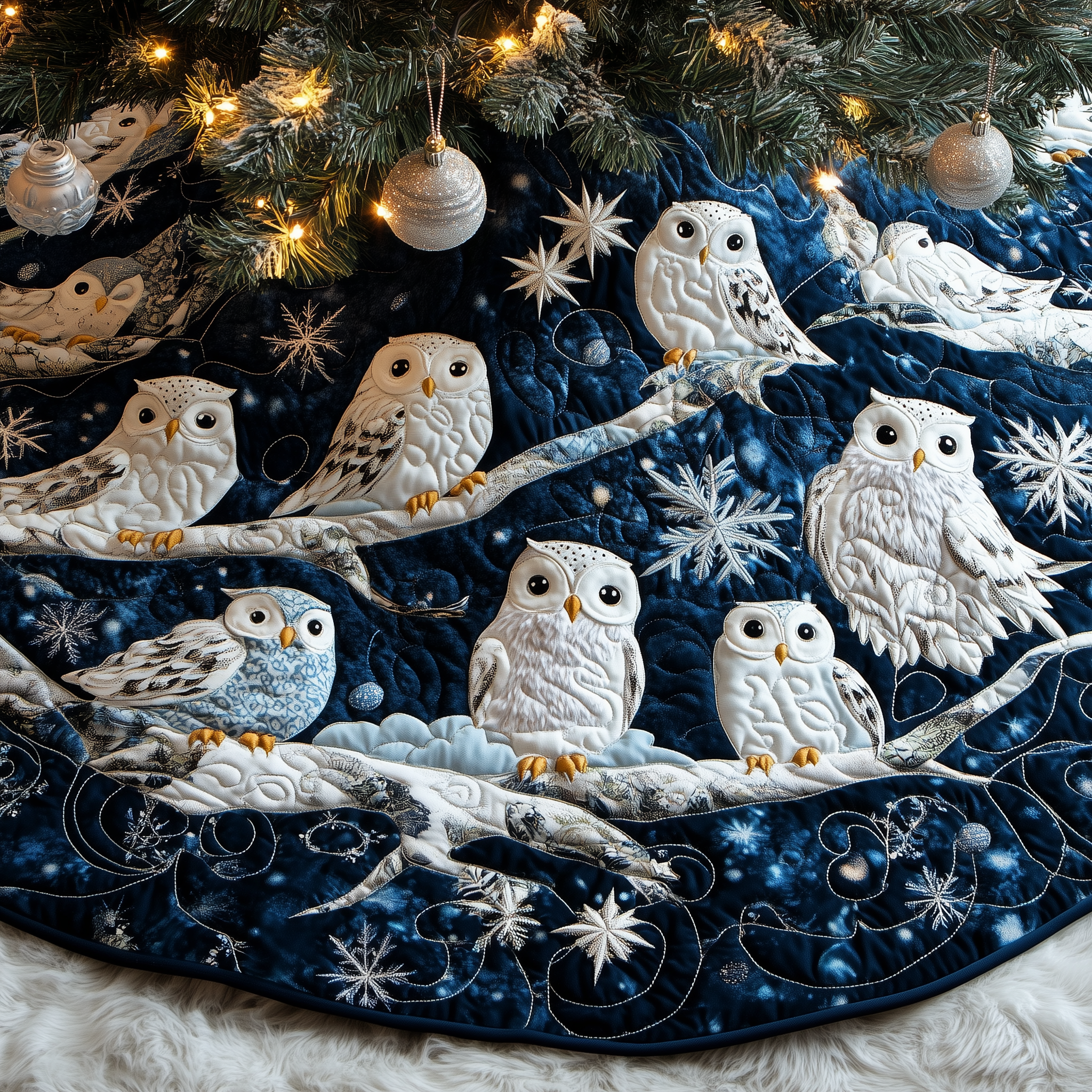 Owls Quilted Tree Skirt Xmas Tree Base Cover Decorations Christmas Best Gifts For Owl Lovers - Bancroftclothings