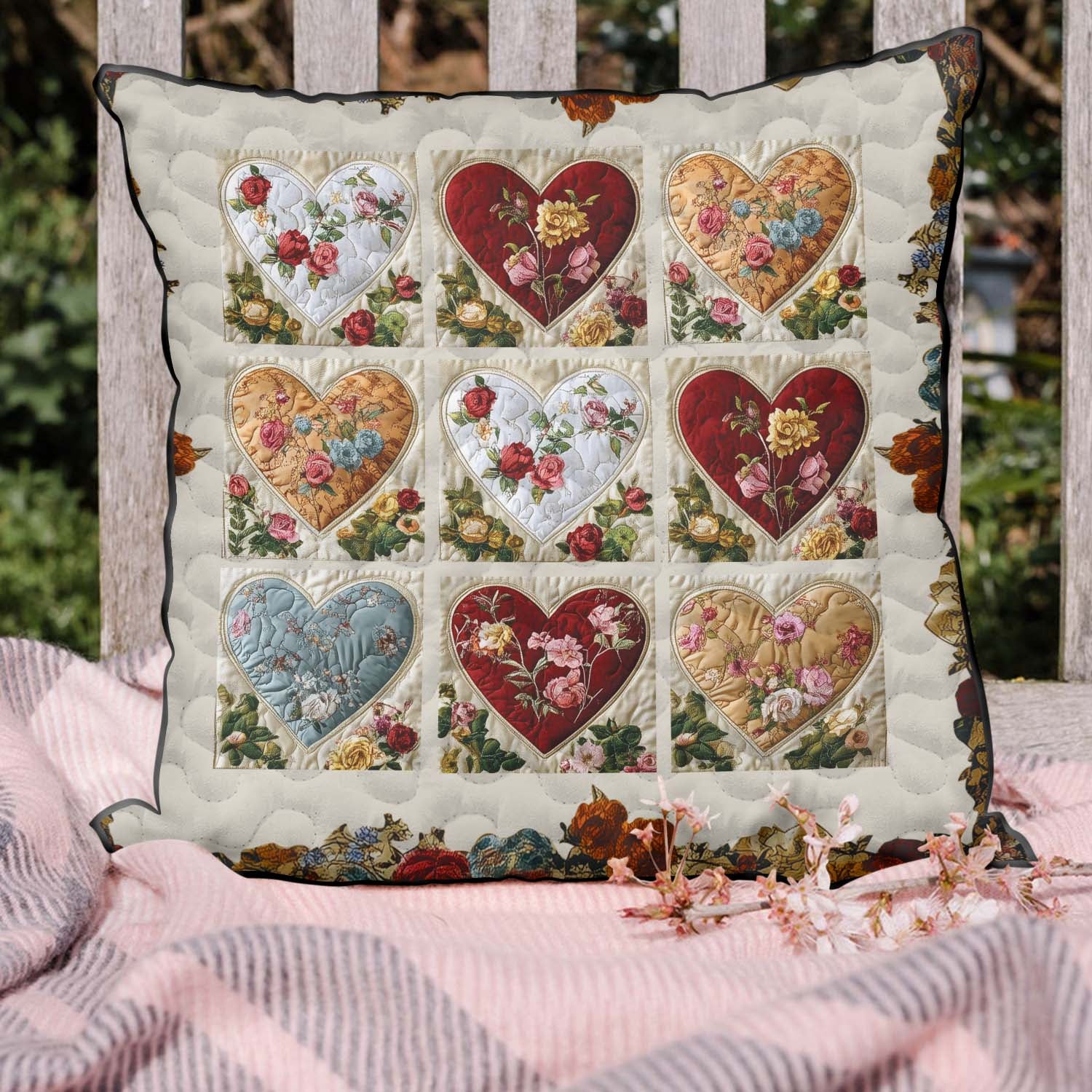 Patchwork Hearts Quilted Pillow Case Flower Design Natural Home Decor Unique Gift Ideas - Bancroftclothings