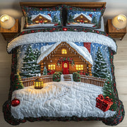Peaceful Snow Cabin Quilted Bedding Set Christmas Wooden House Design Bedding Gifts - Bancroftclothings