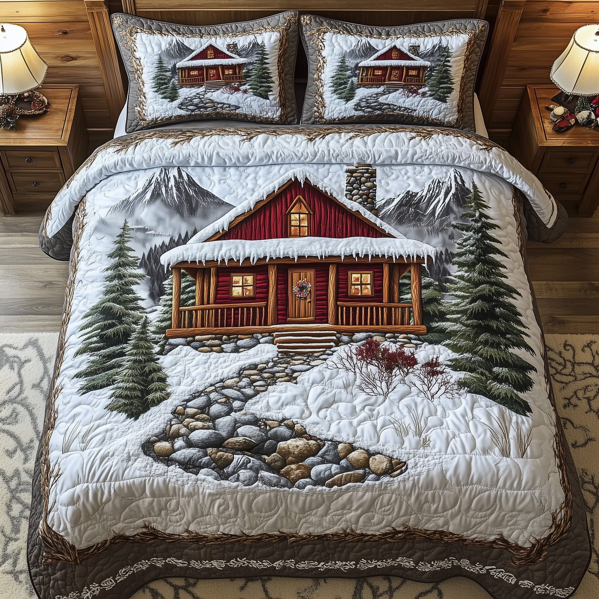 Peaceful Snow Cabin Quilted Bedding Set Cozy Winter Lodge Design Xmas Bedding Gift Ideas - Bancroftclothings