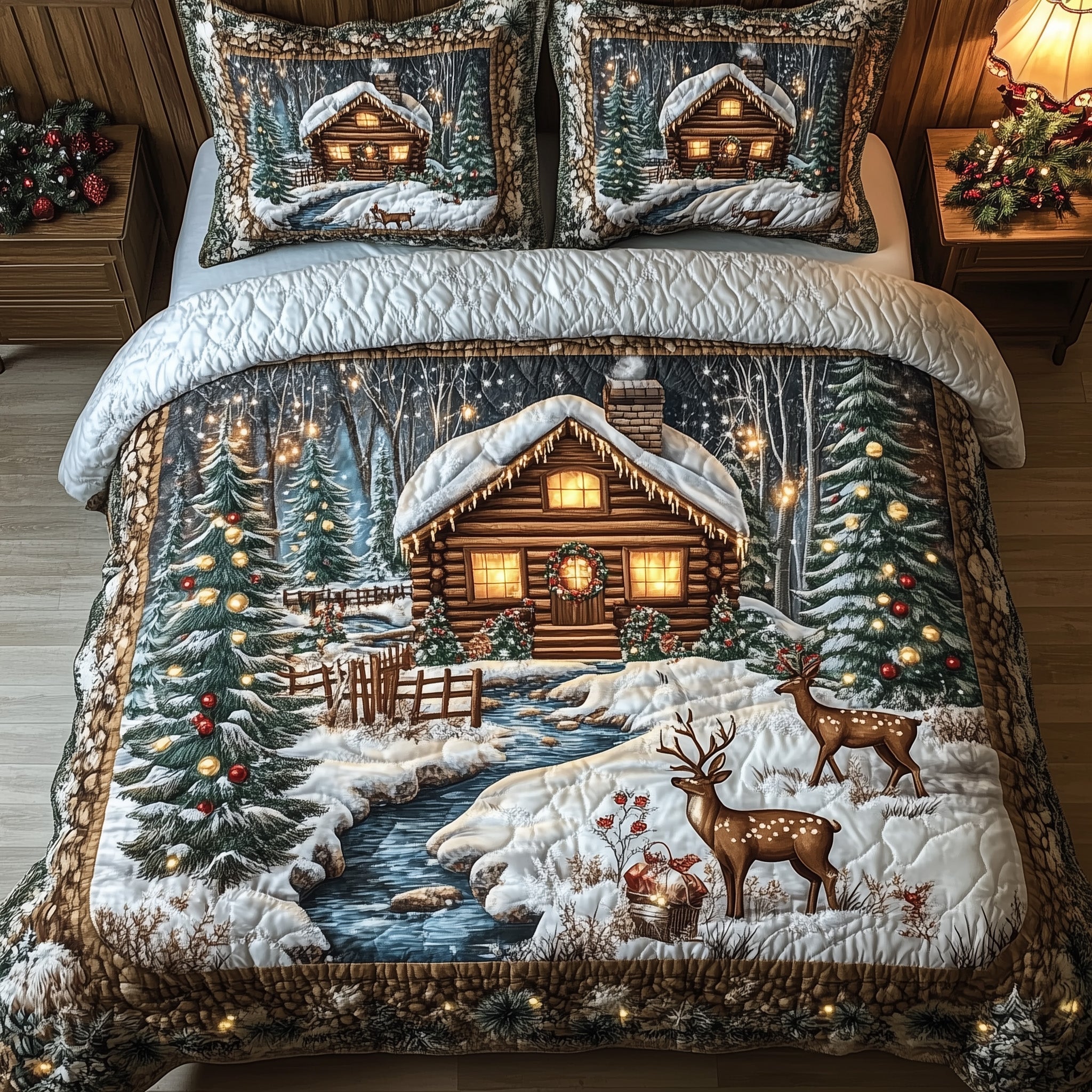 Peaceful Snow Cabin Quilted Bedding Set Cozy Xmas House Decor Best Holiday Bedroom Gifts - Bancroftclothings
