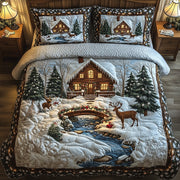 Peaceful Snow Cabin Quilted Bedding Set Cozy Xmas House Decor Unique Holiday Bedroom Gifts - Bancroftclothings