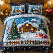Peaceful Snow Cabin Quilted Bedding Set Warm Winter Lodge Design Xmas Bedding Gift Ideas - Bancroftclothings