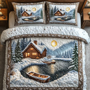 Peaceful Snow Cabin Quilted Bedding Set Winter Scenery Christmas Design Bedding Gifts - Bancroftclothings