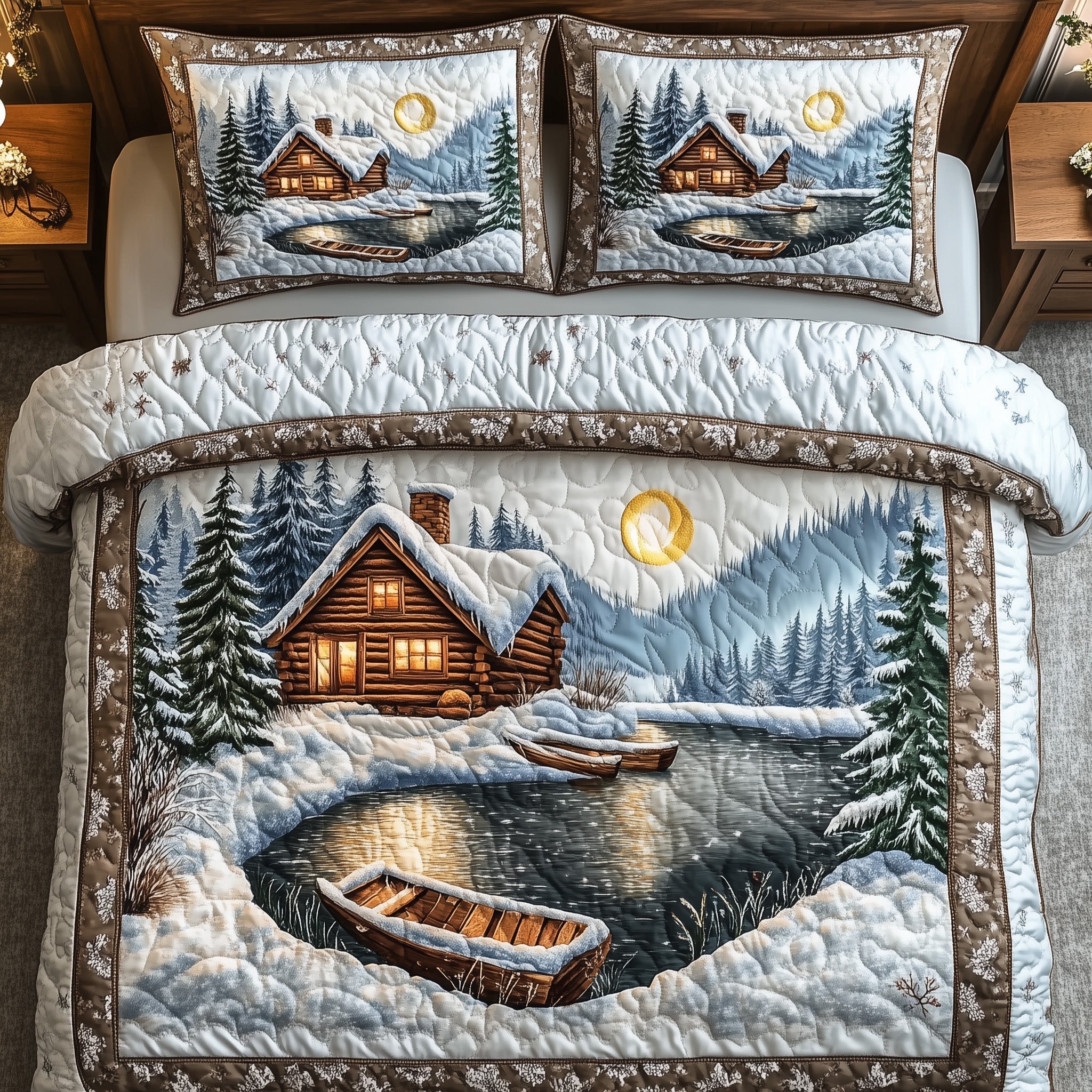 Peaceful Snow Cabin Quilted Bedding Set Winter Scenery Christmas Design Bedding Gifts - Bancroftclothings