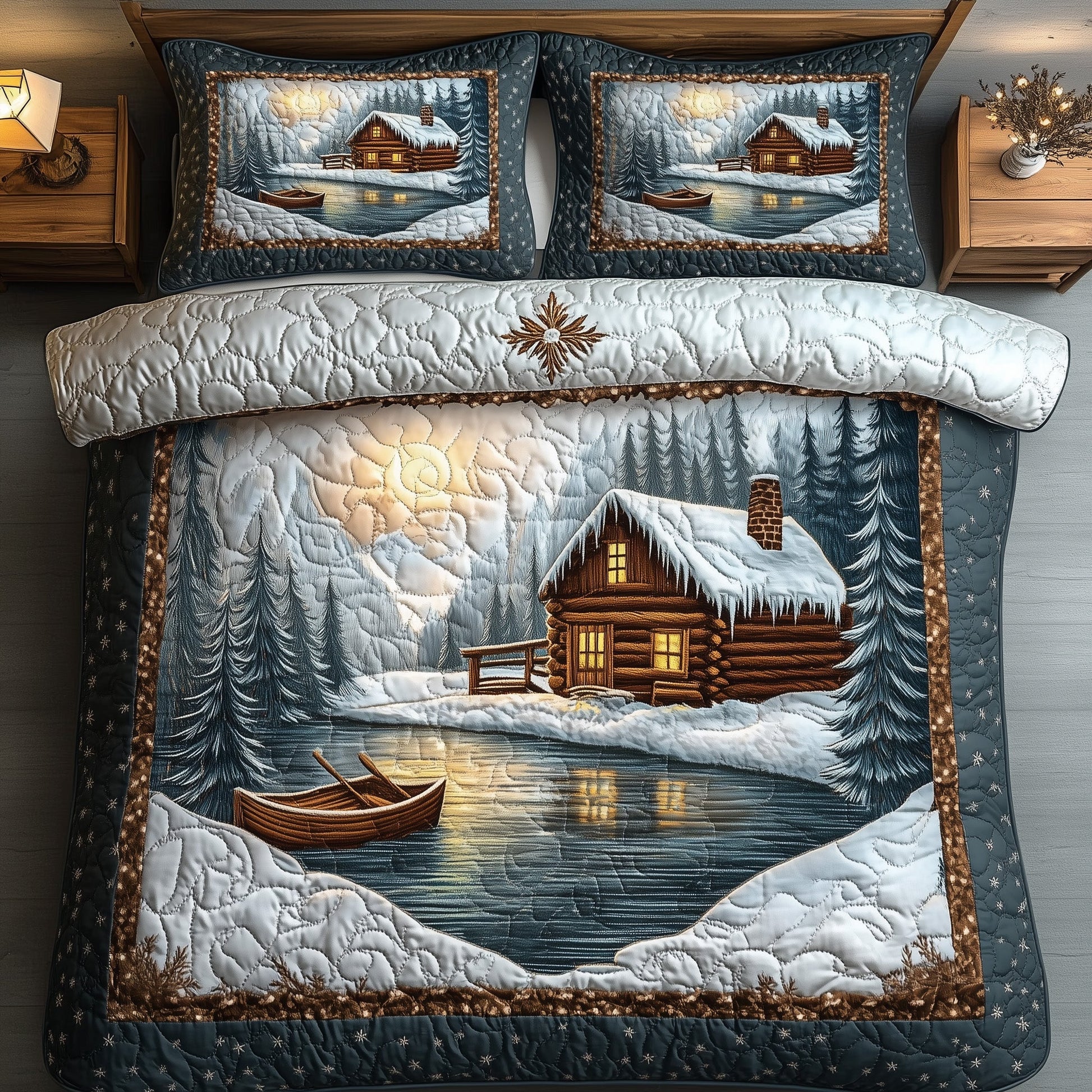 Peaceful Snow Cabin Quilted Bedding Set Wooden House Glacier Christmas Design Bedding Gifts - Bancroftclothings
