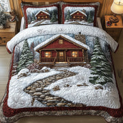 Peaceful Snow Cabin Quilted Bedding Set Wooden House In Forest Christmas Design Bedding Gifts - Bancroftclothings