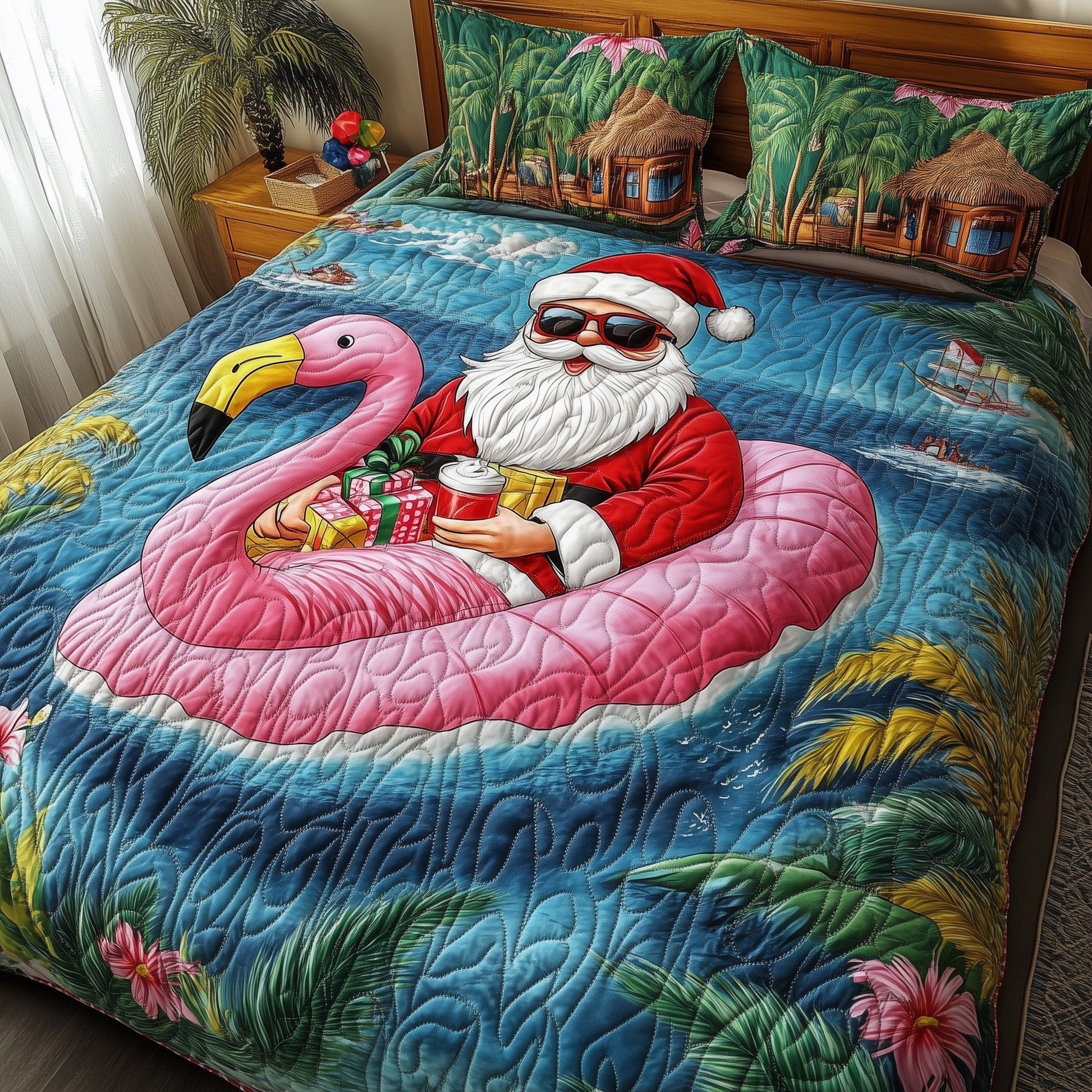 Pink Flamingo Satna Quilted Bedding Christmas Holiday Decor Best Xmas Bedroom Decor Gifts - Bancroftclothings