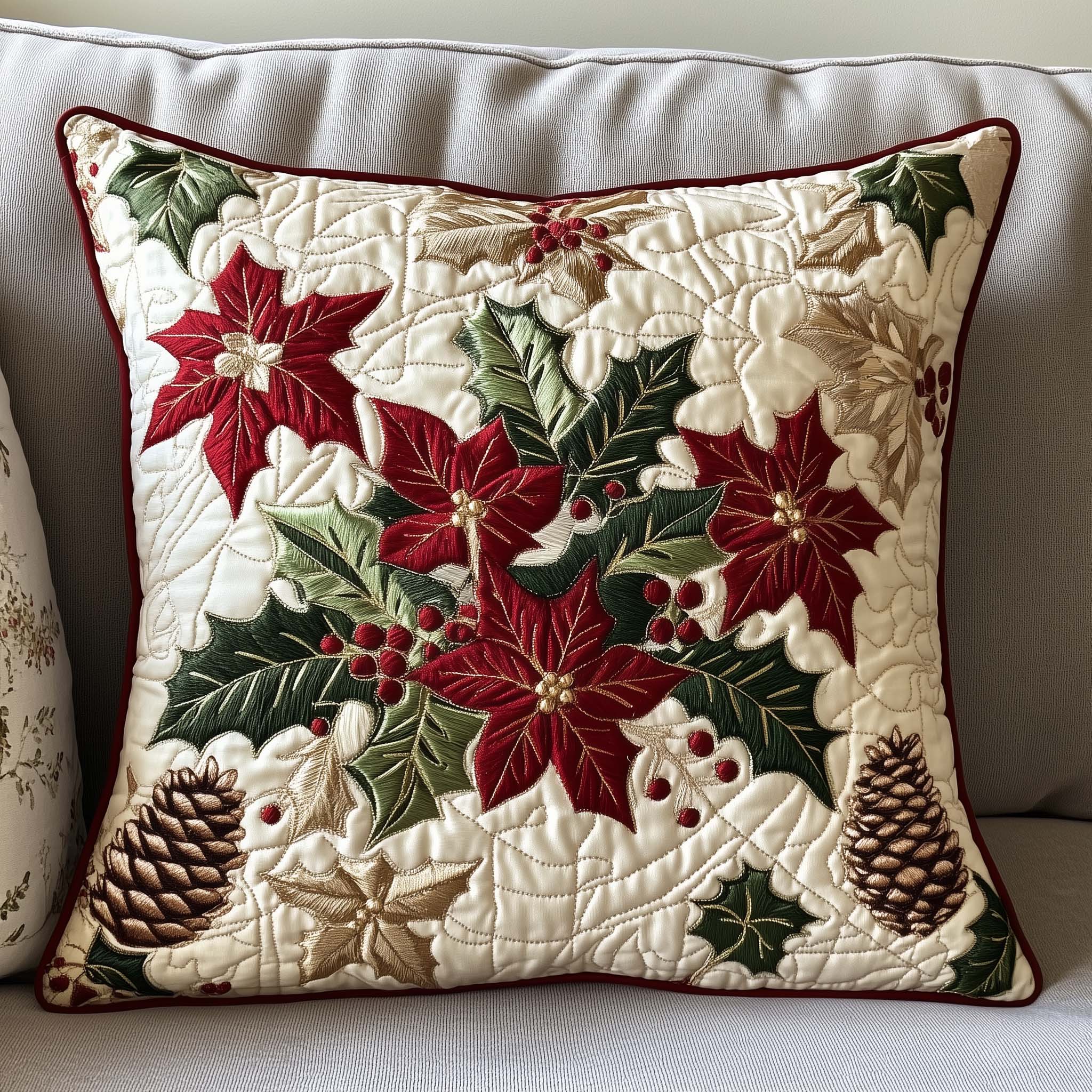 Poinsettia Charm Quilted Pillow Case Holiday Home Decor Good Gifts For Christmas - Bancroftclothings
