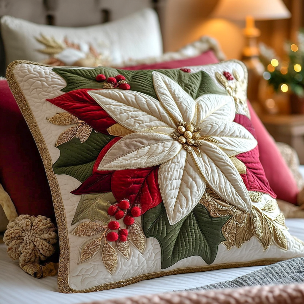 Poinsettia Christmas Bloom Quilted Pillow Case Christmas Sofa Pillow Covers Good Christmas Gifts - Bancroftclothings