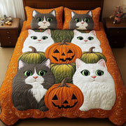 Pumpkin And Cat Quilted Bedding Set Cute Pumpkin And Cat Design Halloween Bedding Gift Ideas - Bancroftclothings
