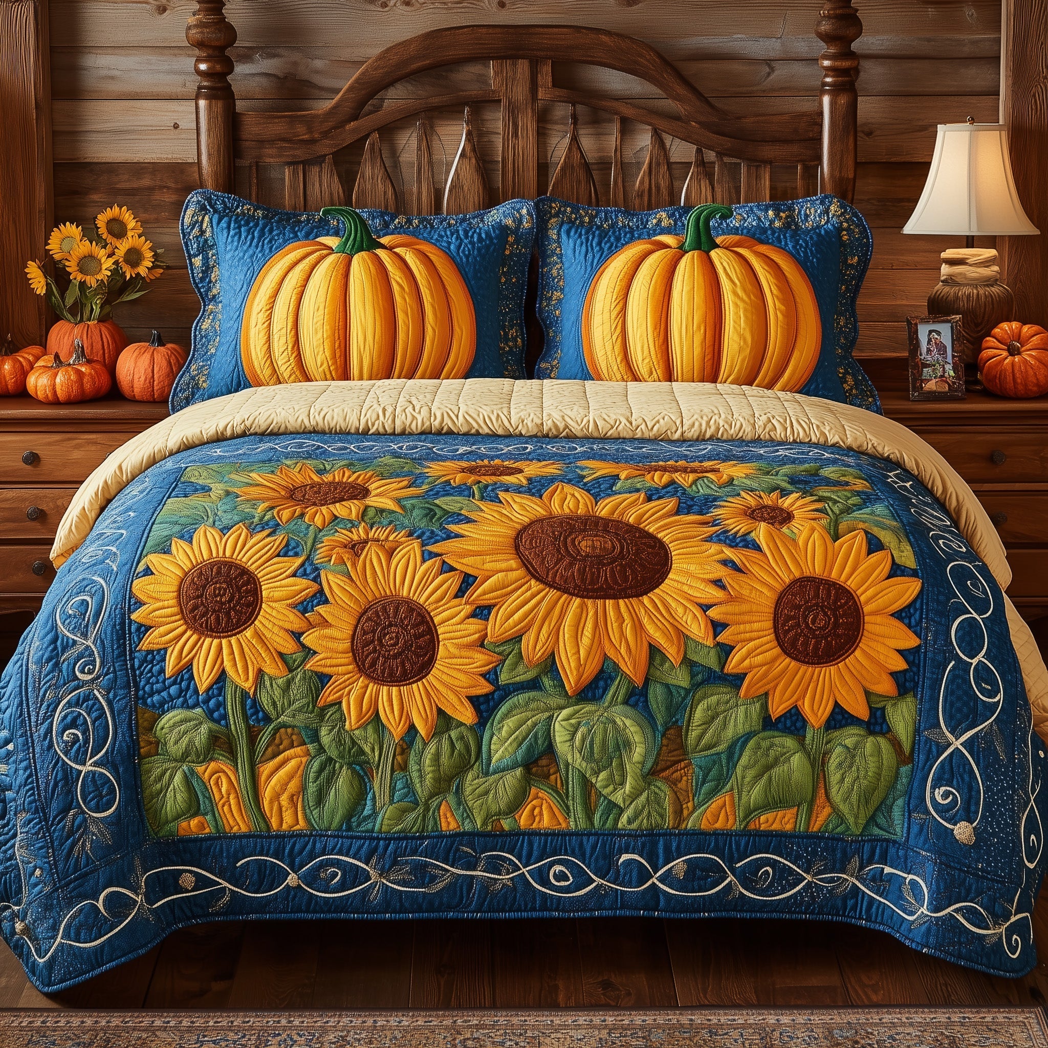 Pumpkin Bliss Quilted Bedding Set Cozy Fall Theme Best Thanksgiving Bedding Gifts - Bancroftclothings