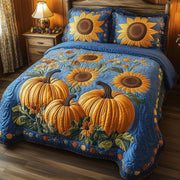 Pumpkin Bliss Quilted Bedding Set Pumpkin Sunflowers Theme Best Holiday Bedding Gifts - Bancroftclothings