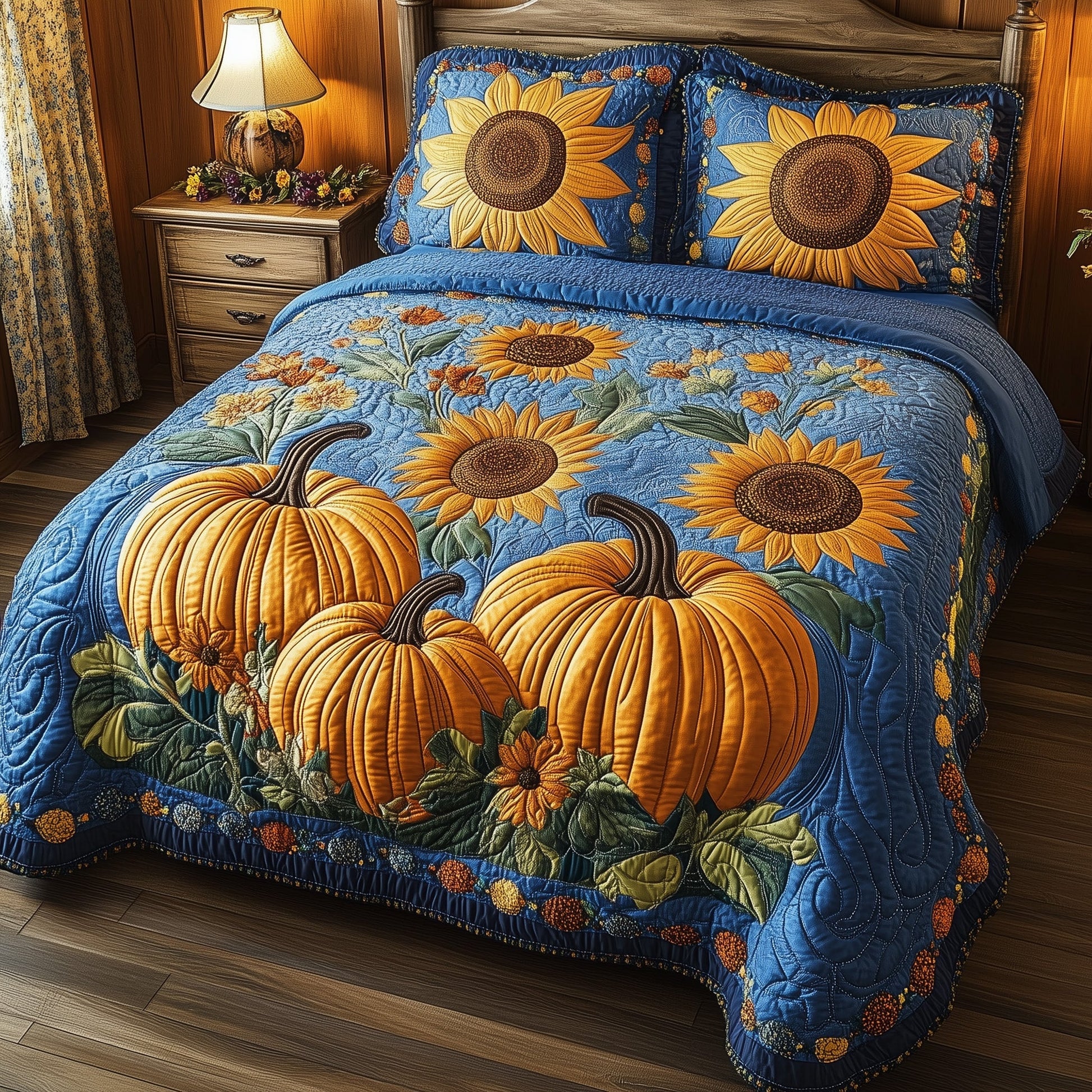 Pumpkin Bliss Quilted Bedding Set Pumpkin Sunflowers Theme Best Holiday Bedding Gifts - Bancroftclothings