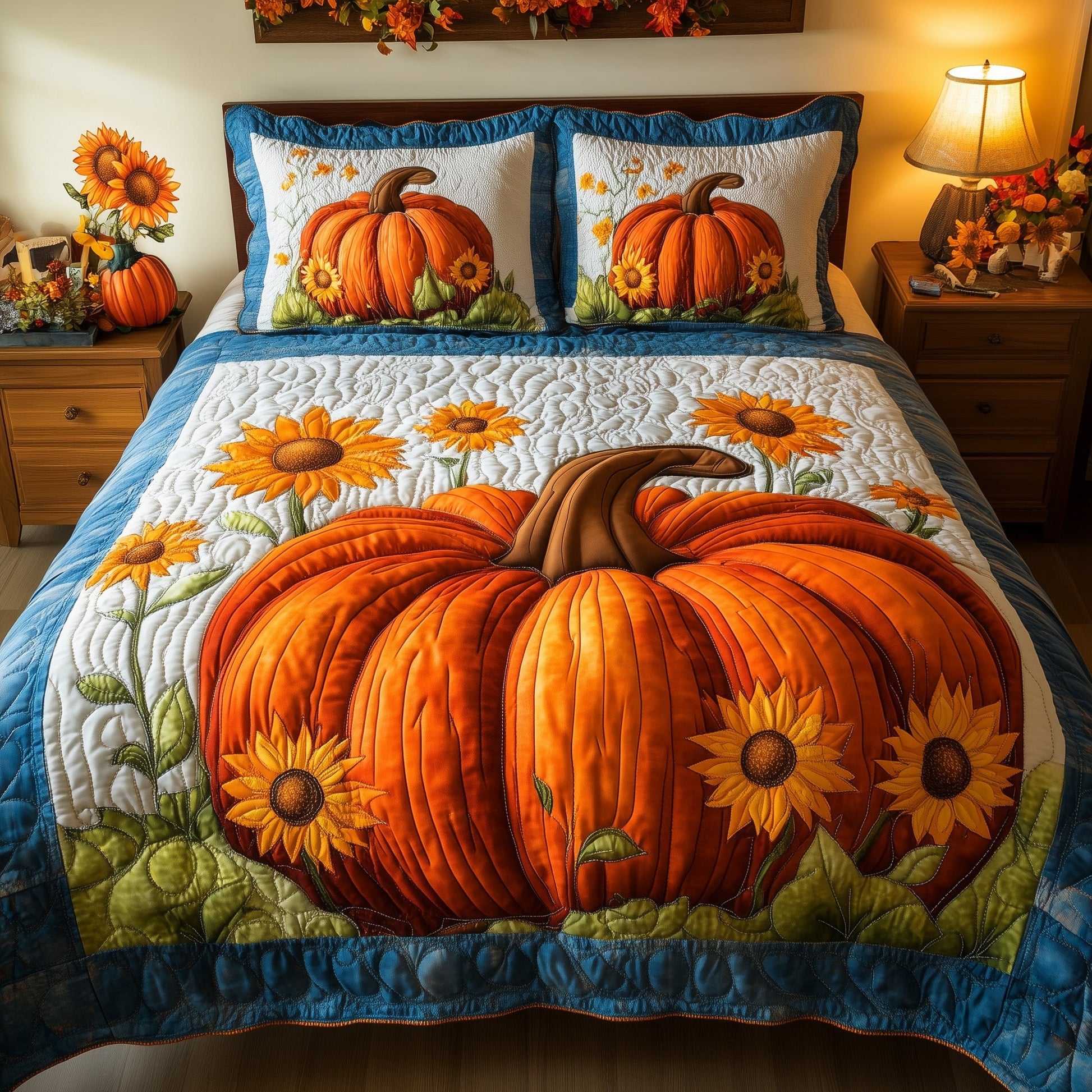 Pumpkin Bliss Quilted Bedding Set Rustic Pumpkin Best Thanksgiving Bedding Gifts - Bancroftclothings