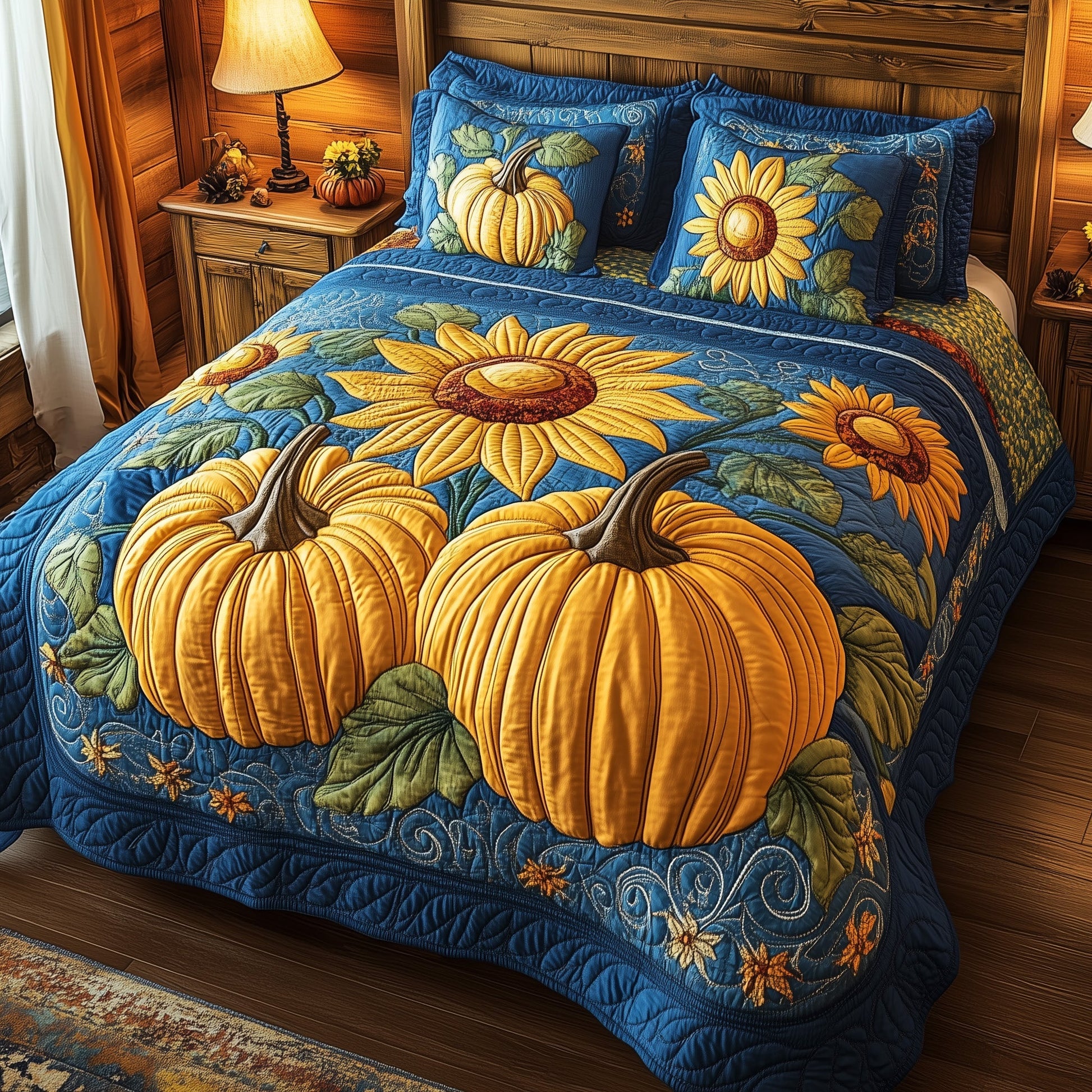 Pumpkin Bliss Sunflowers Quilted Bedding Set Rustic Pumpkin Cool Thanksgiving Bedding Presents - Bancroftclothings