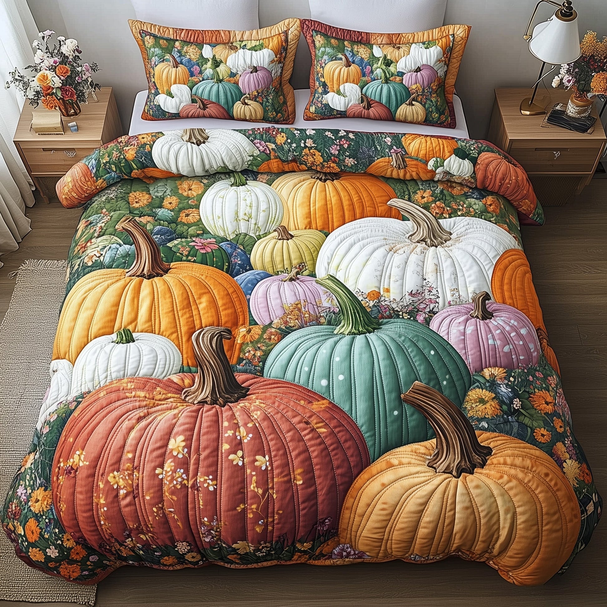 Pumpkin Haven Quilted Bedding Set Cozy Autumn Scene Design Best Autumn Gifts - Bancroftclothings