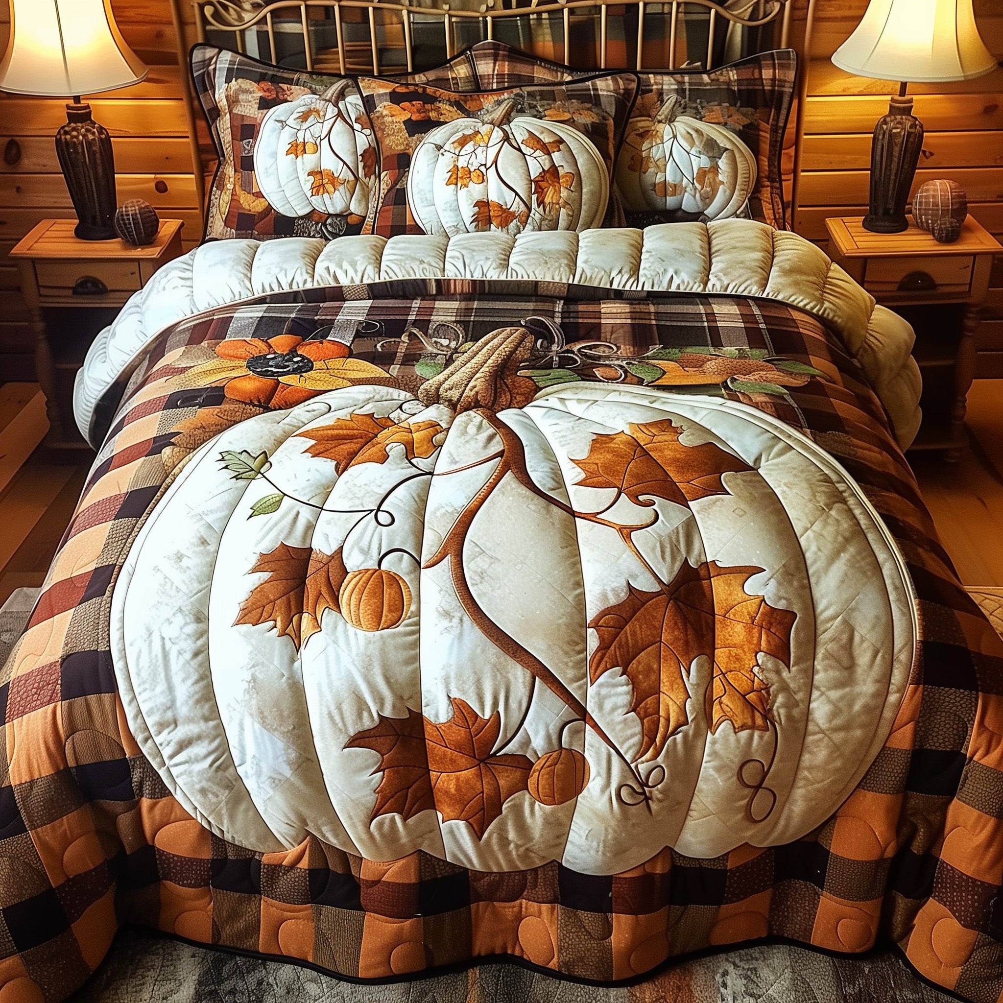 Pumpkin Haven Quilted Bedding Set Cozy Pumpkin Pattern Best Autumn Bedding Presents - Bancroftclothings