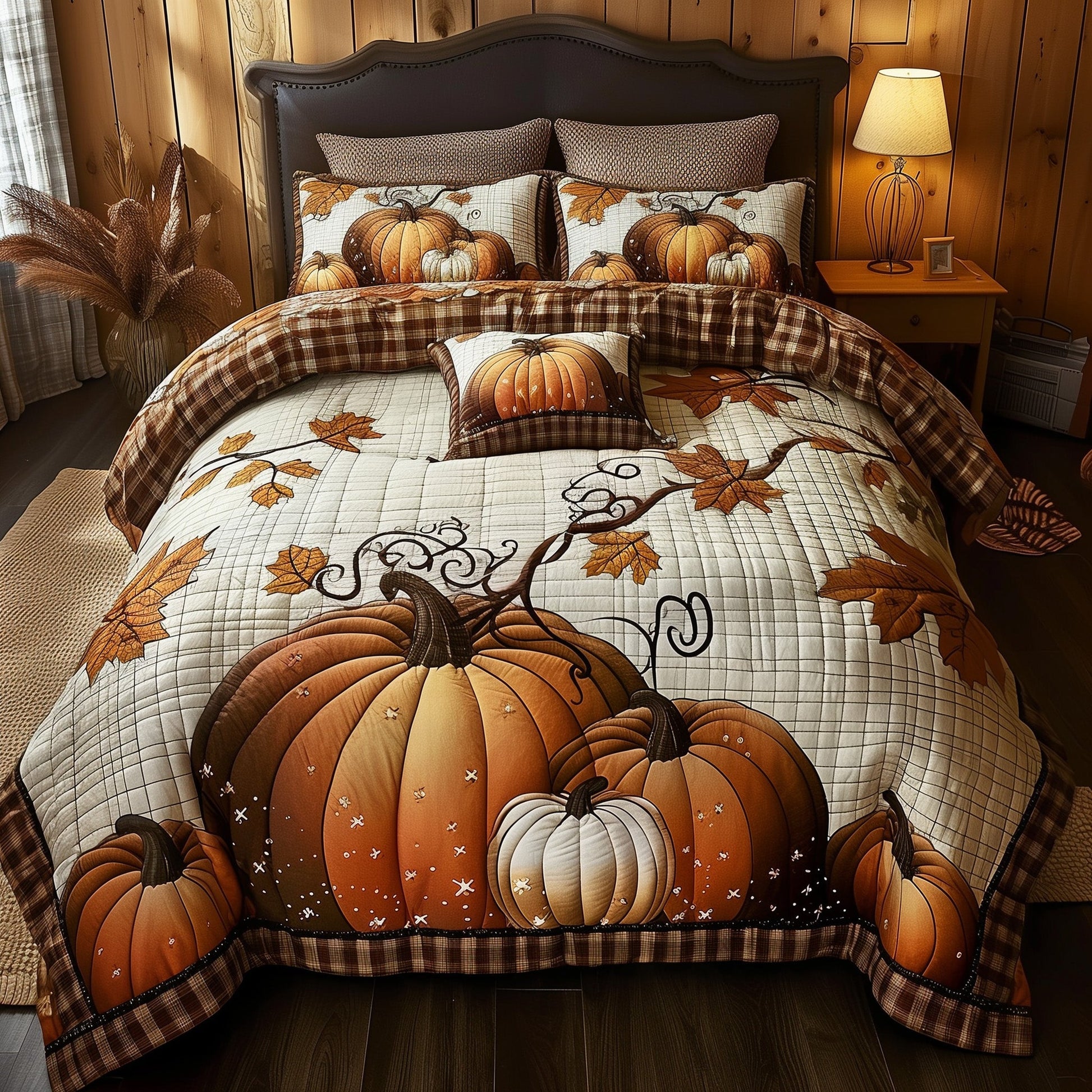 Pumpkin Haven Quilted Bedding Set Cozy Pumpkin Pattern Best Autumn Vibe Bedding Gifts - Bancroftclothings