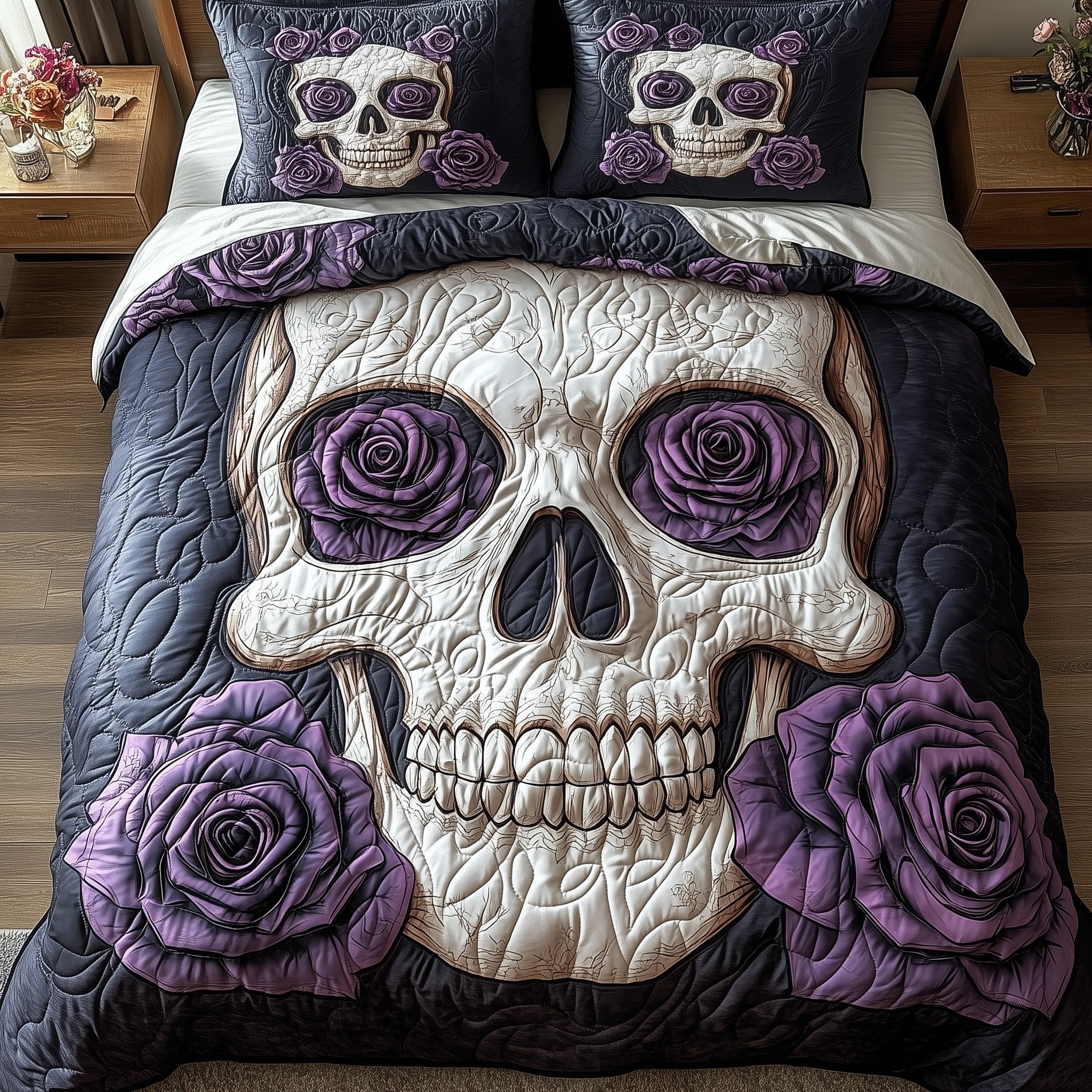 Purple Rose Skull Quilted Bedding Set Purple Eyes Skeleton With Roses Halloween Bedroom Decor - Bancroftclothings