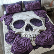 Purple Rose Skull Quilted Bedding Set Purple Eyes Skeleton With Roses Home Bedroom Decor Gifts - Bancroftclothings