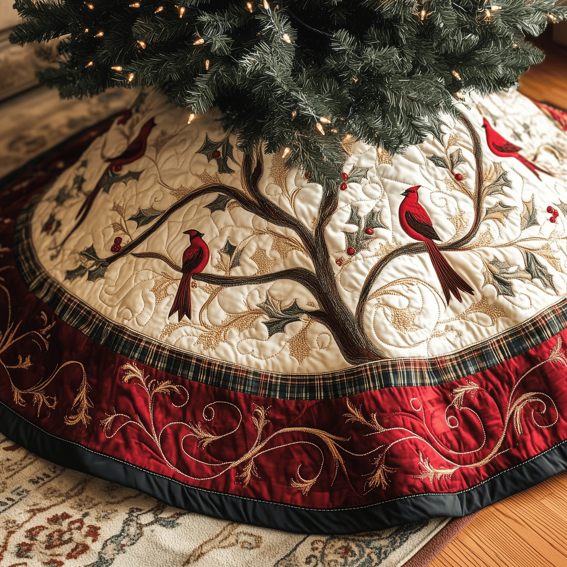 Red Cardinal Quilted Tree Skirt Holiday Tree Skirt Xmas Indoor Cardinal Christmas Decorations - Bancroftclothings