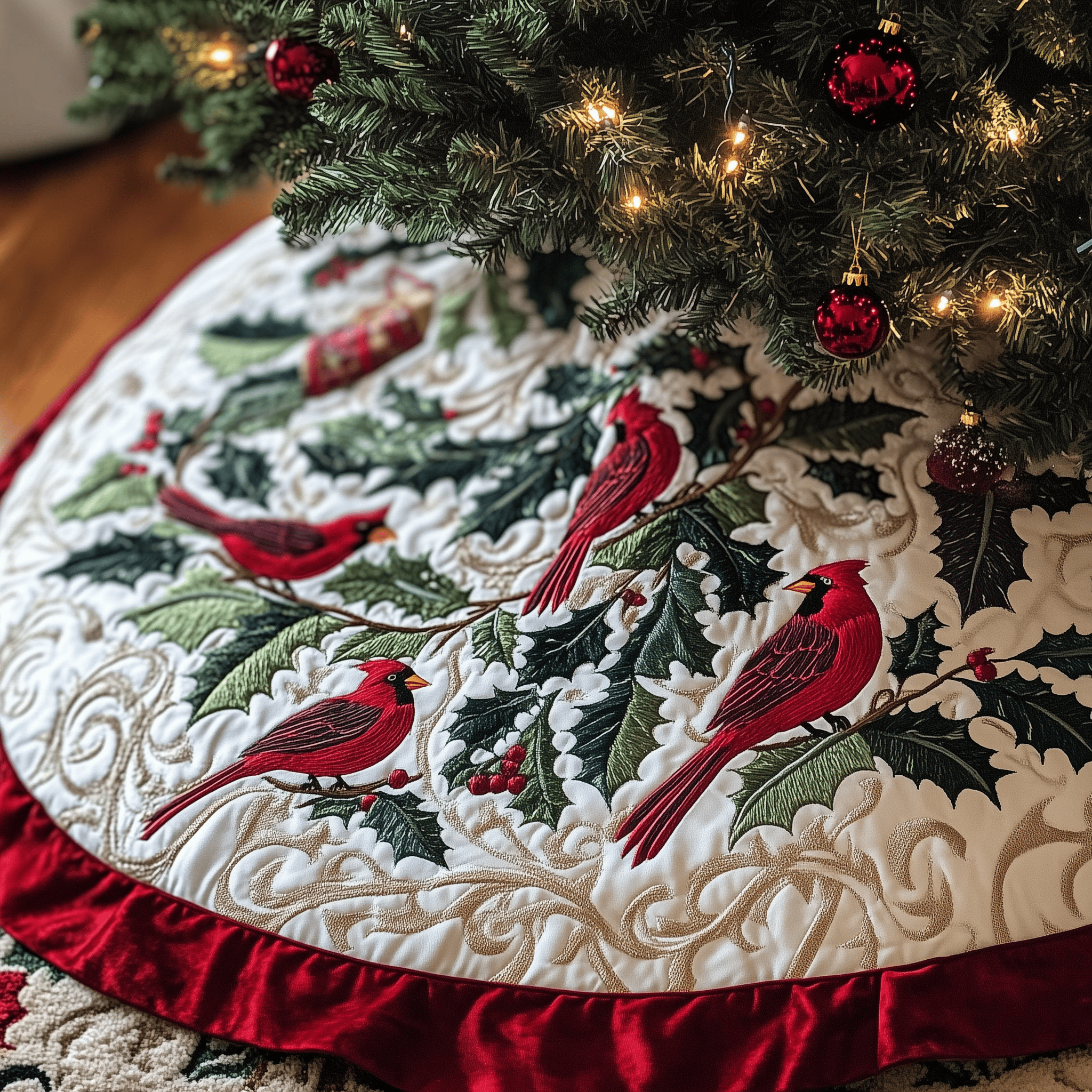 Red Cardinal Quilted Tree Skirt Relax and Enjoy the Holidays with Peaceful Tree Decor - Bancroftclothings