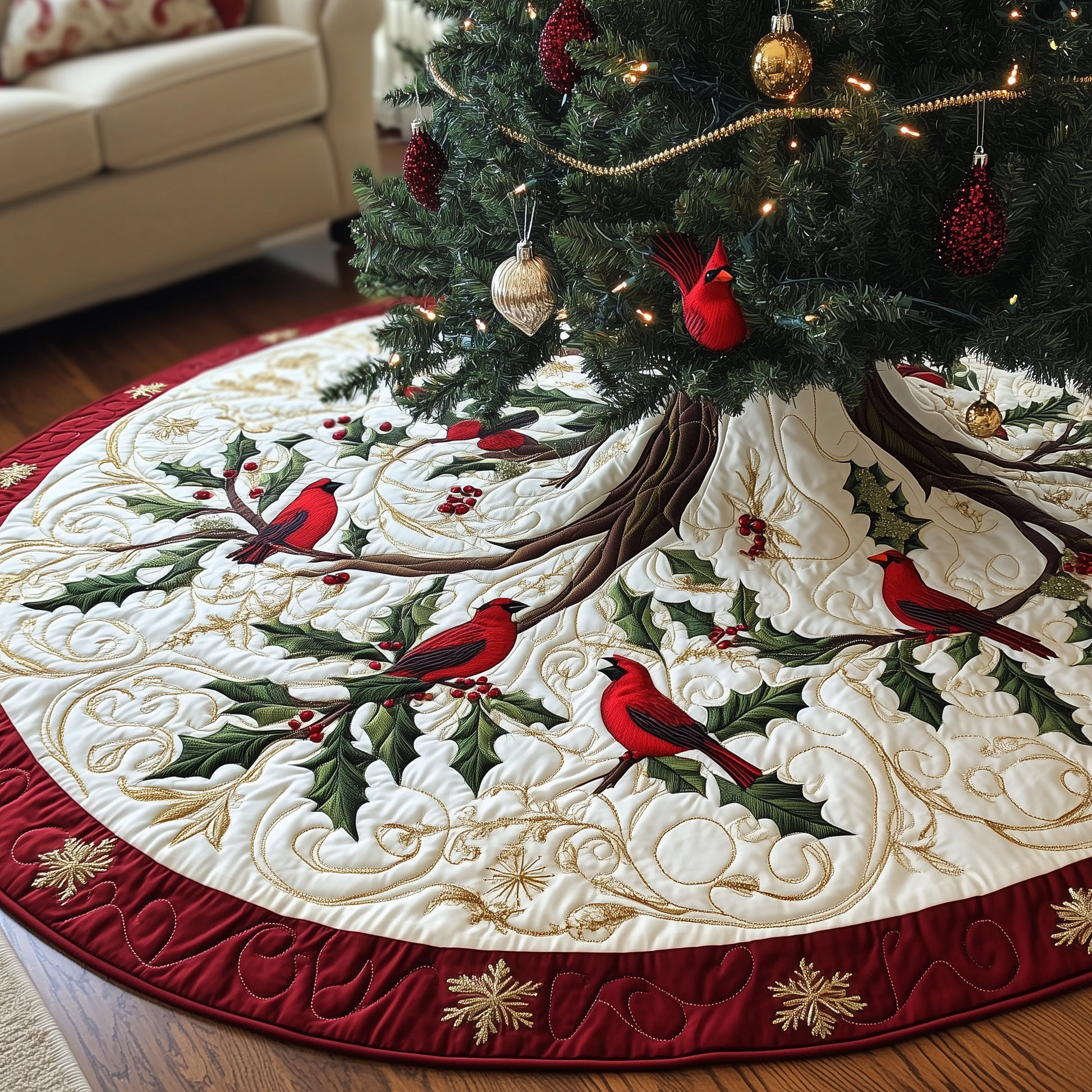 Red Cardinal Quilted Tree Skirt Xmas Tree Base Cover Christmas Decorations Cardinal Themed Gifts - Bancroftclothings