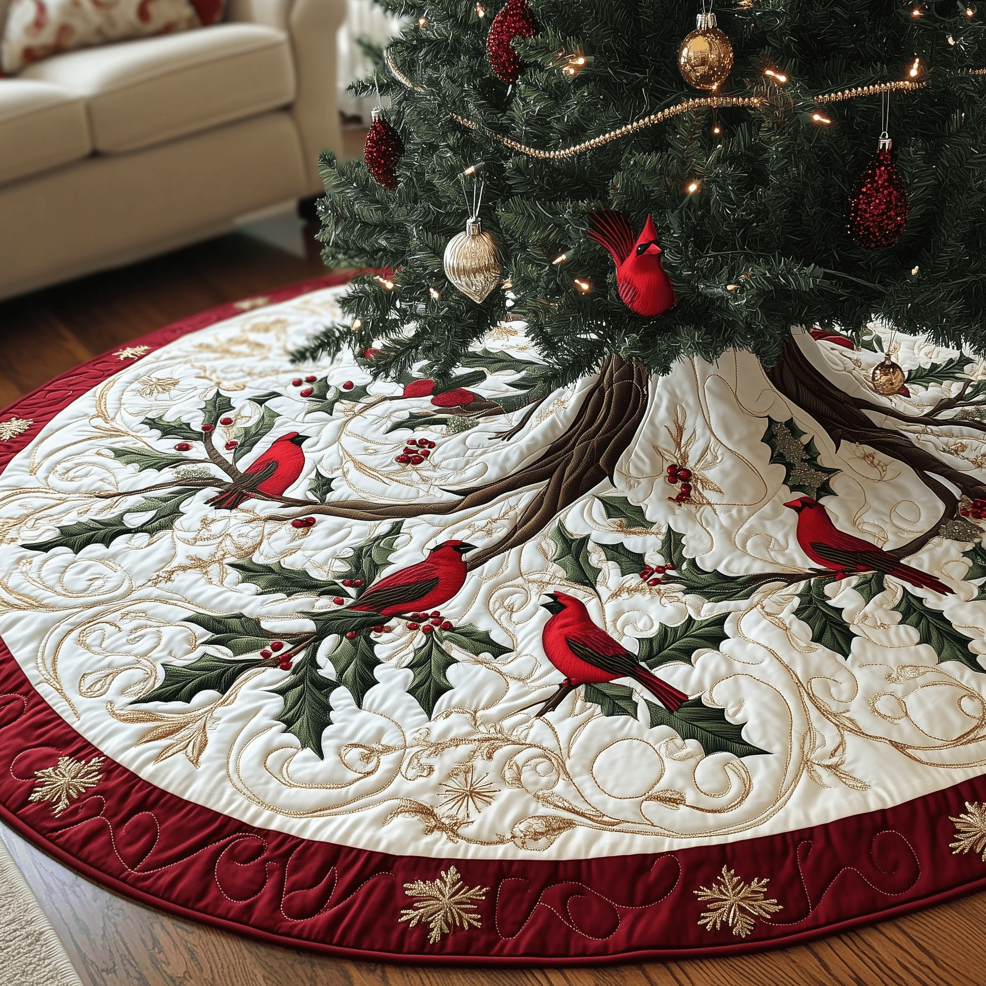 Red Cardinal Quilted Tree Skirt Xmas Tree Base Cover Christmas Decorations Cardinal Themed Gifts - Bancroftclothings