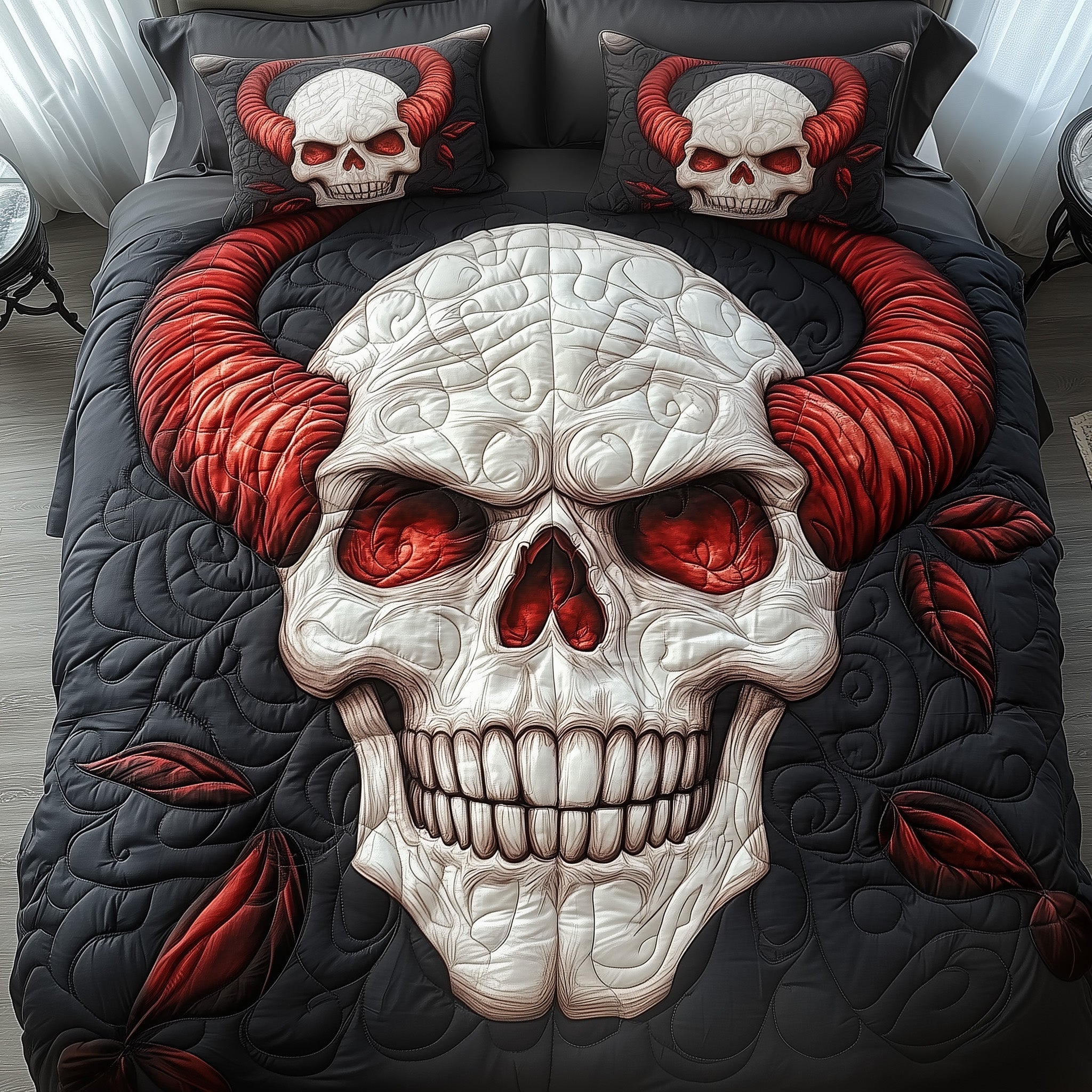 Red Evil Quilted Bedding Set Horror Skull Demon Red Horn Happy Halloween Day Gift Ideas - Bancroftclothings