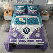 Retro Hippie Van Quilted Bedding Set Daisy Flower Hippie Bus Vintage Boho Style Gifts - Bancroftclothings