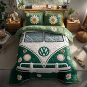 Retro Hippie Van Quilted Bedding Set Daisy Flower Hippie Green Bus Boho Style Gifts - Bancroftclothings