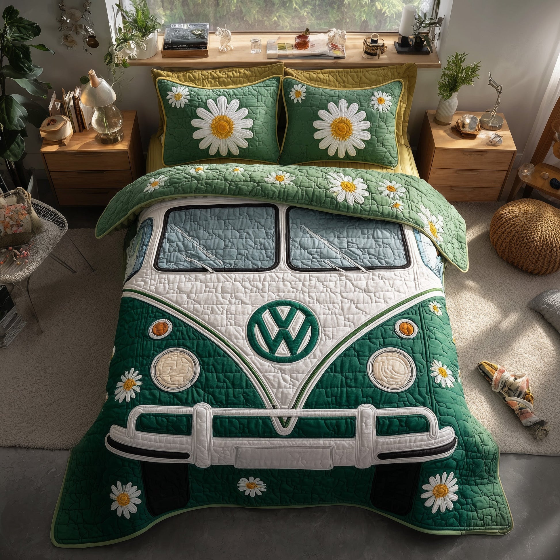 Retro Hippie Van Quilted Bedding Set Daisy Flower Hippie Green Bus Boho Style Gifts - Bancroftclothings