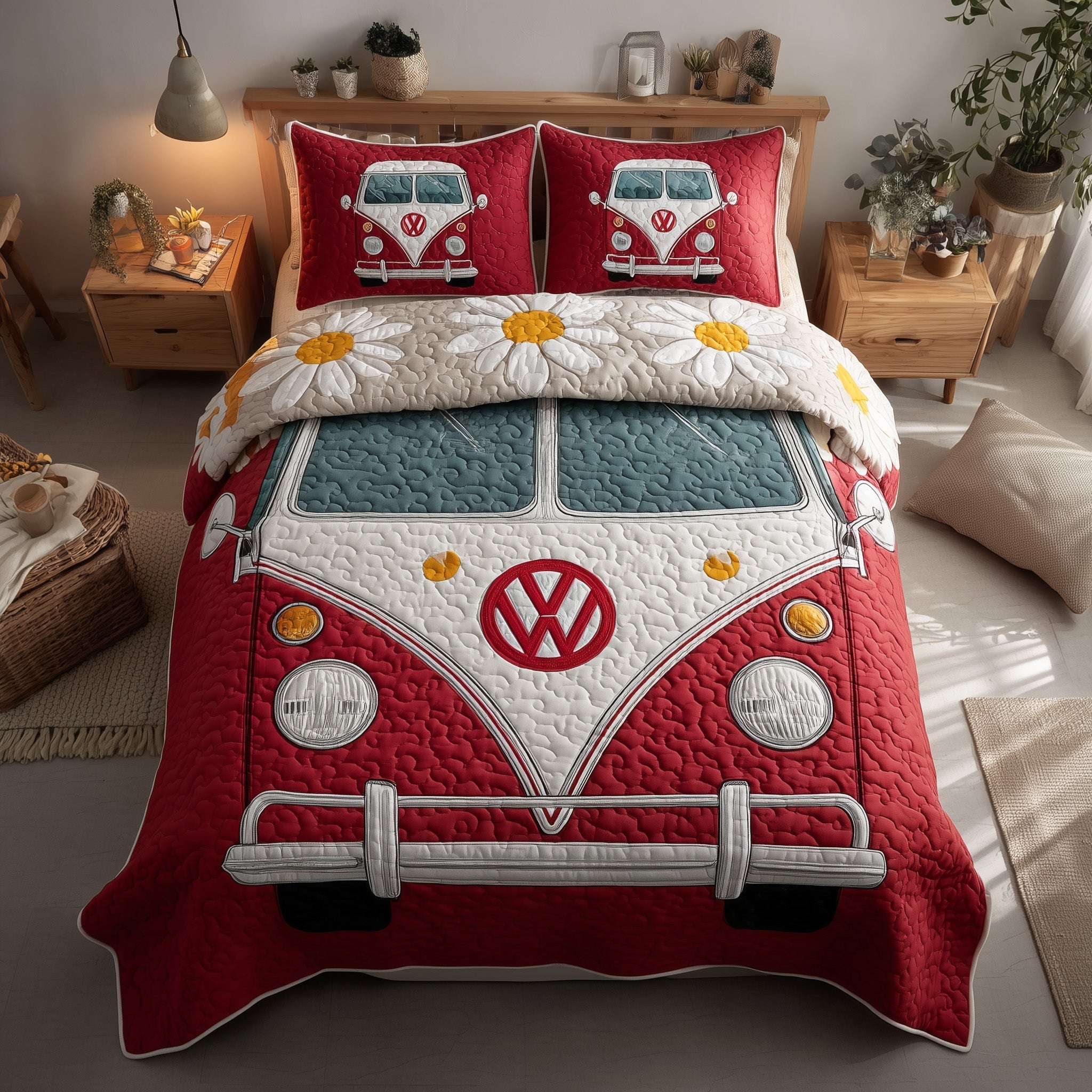 Retro Hippie Van Quilted Bedding Set Daisy Flower Hippie Red Bus Boho Style Gifts - Bancroftclothings