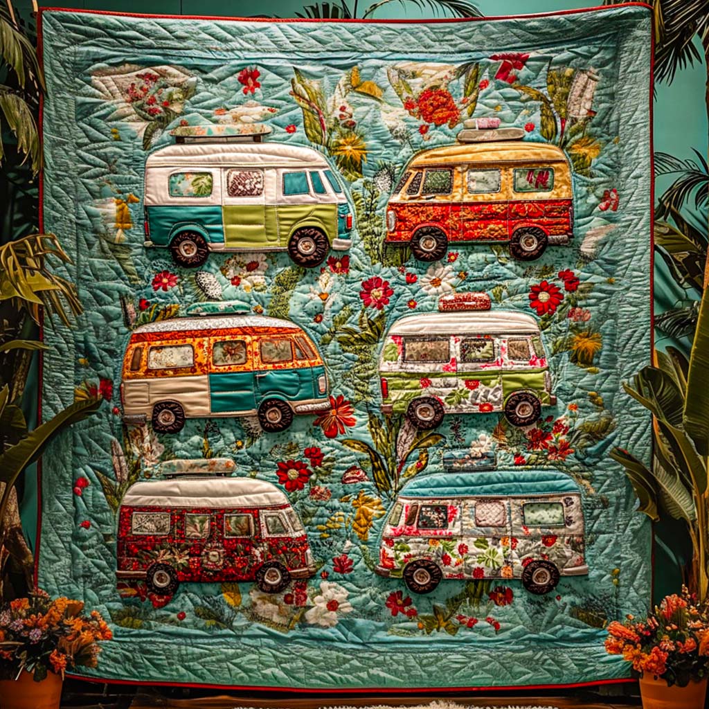 Retro Van Garden Quilted Blanket Christmas Holiday Christmas Ideas For Family - Bancroftclothings