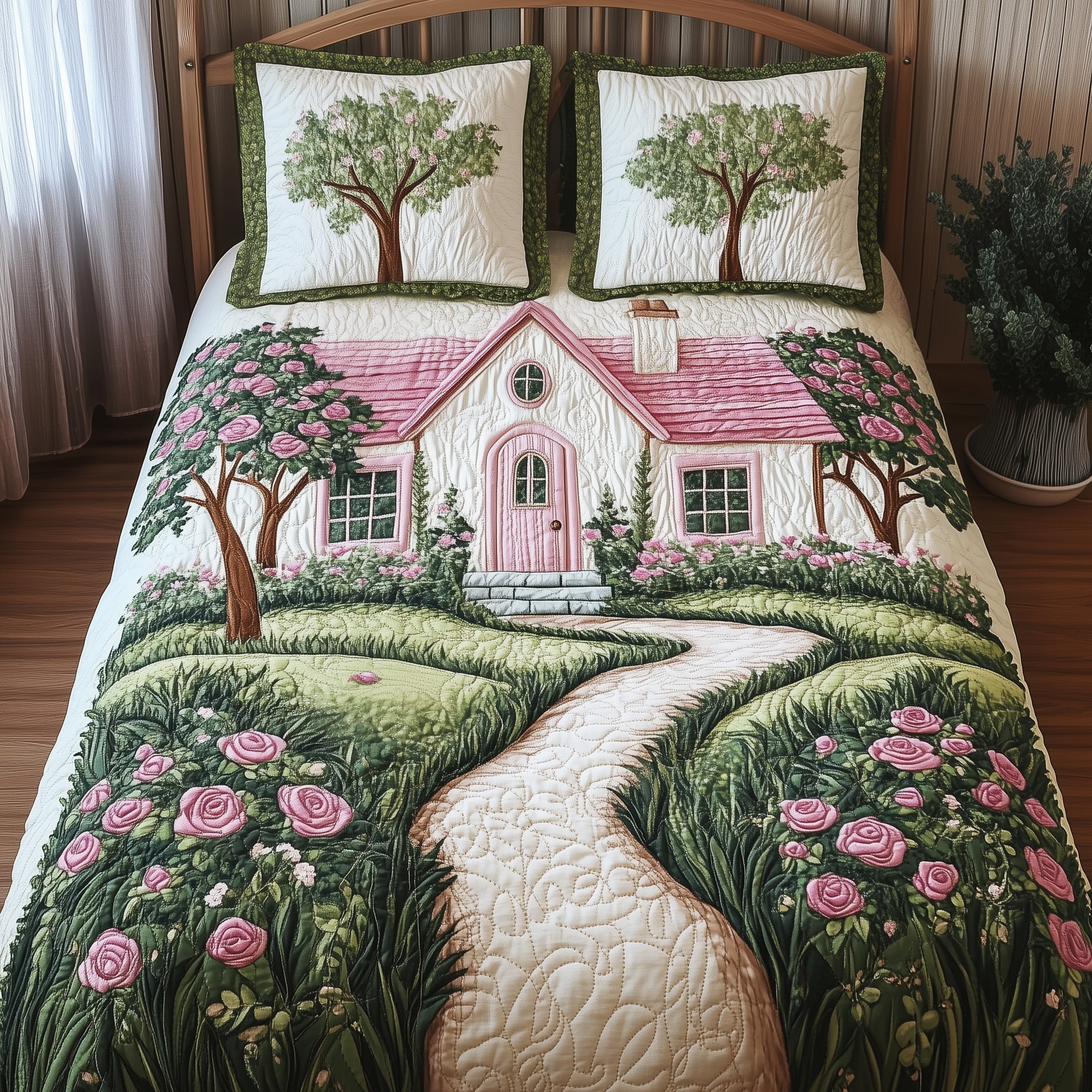 Rose Cottage Quilted Bedding Set Dreamy House With Roses Home Bedroom Decor Gift - Bancroftclothings