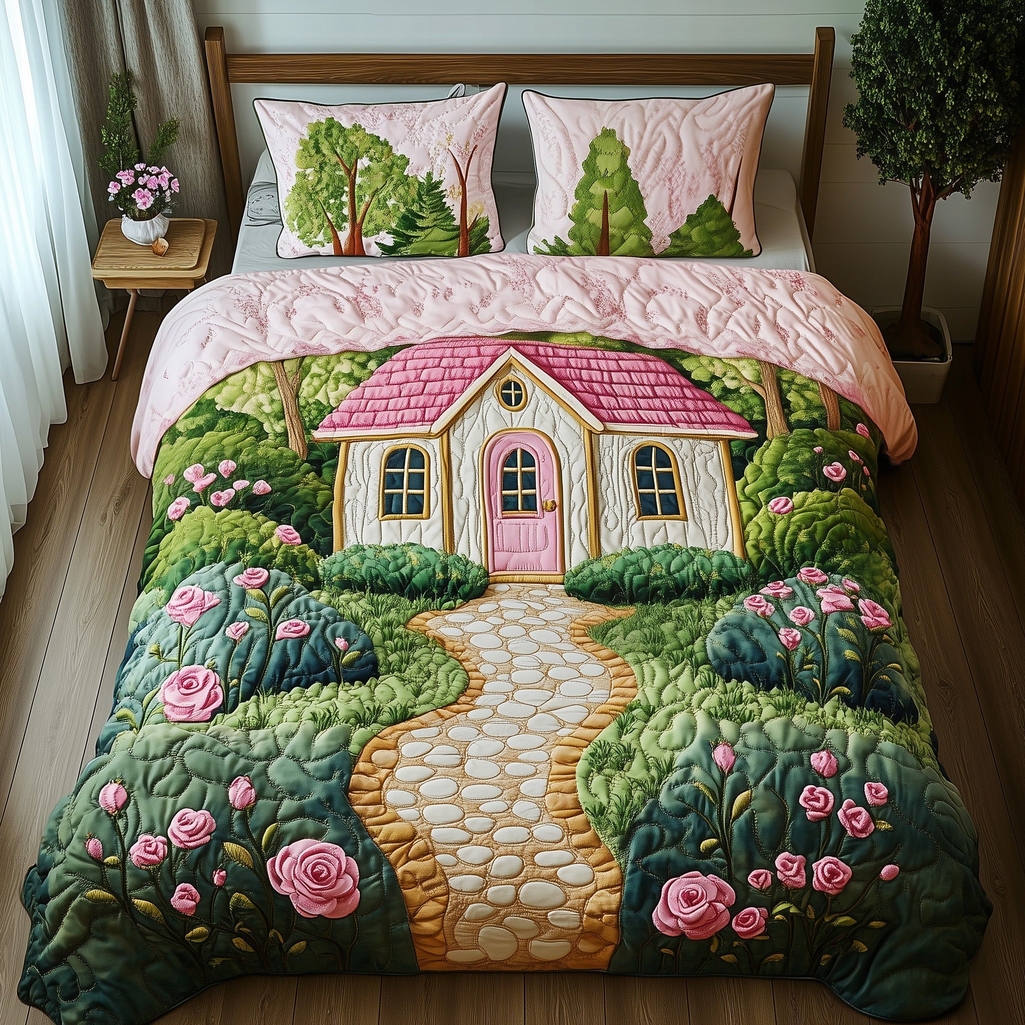 Rose Cottage Quilted Bedding Set Dreamy House With Roses Home Bedroom Decor Gift For Her - Bancroftclothings