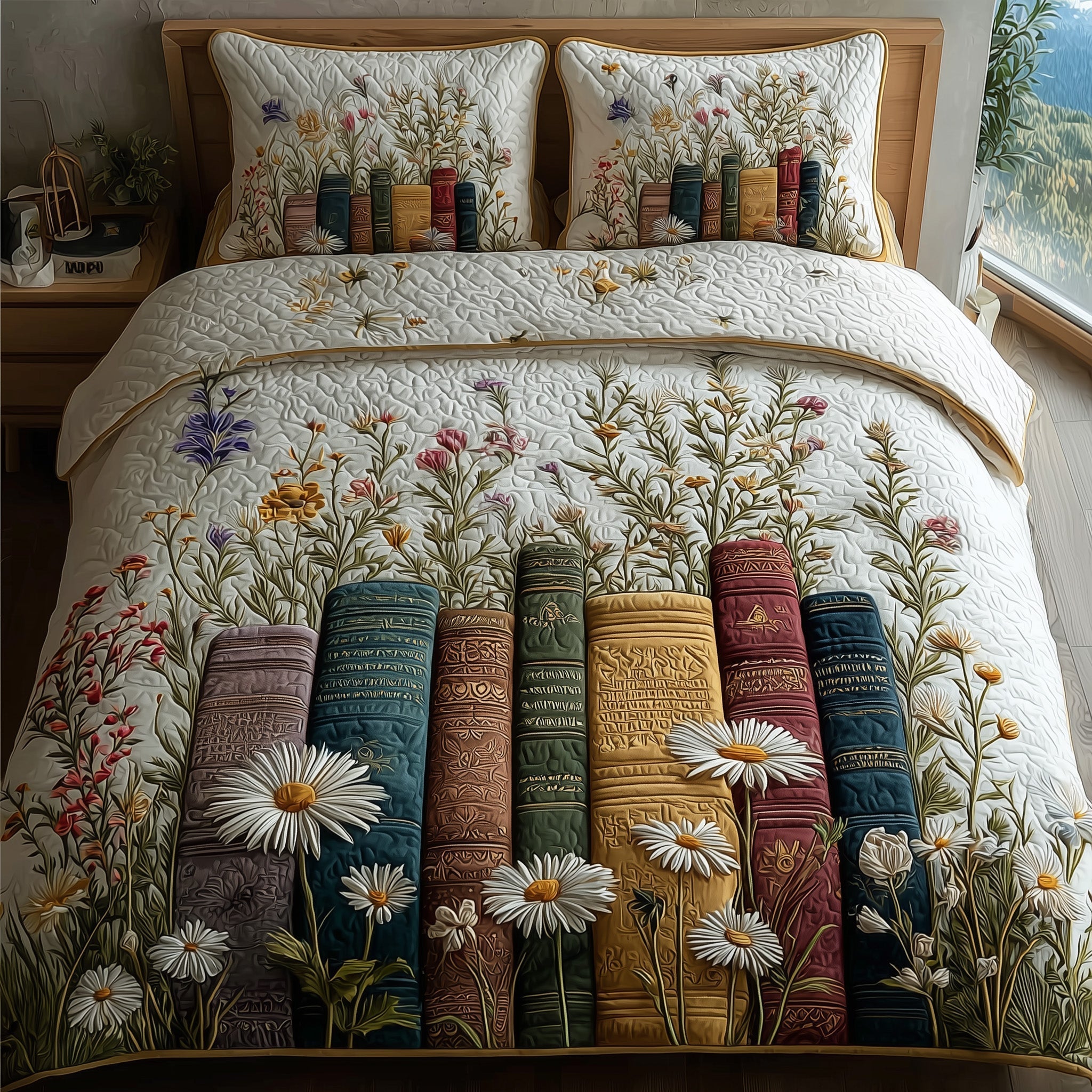 Rustic Books Quilted Bedding Set Blooming Book Tales Unique Bookish Bedroom Gifts - Bancroftclothings