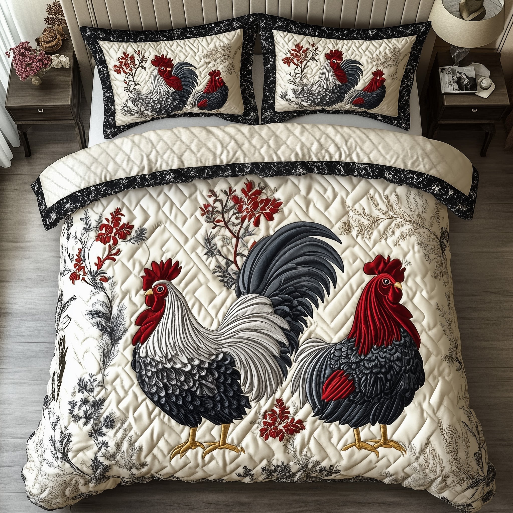Rustic Chickens Quilted Bedding Set Hen and Rooster Design Best Animal Bedding Gifts - Bancroftclothings