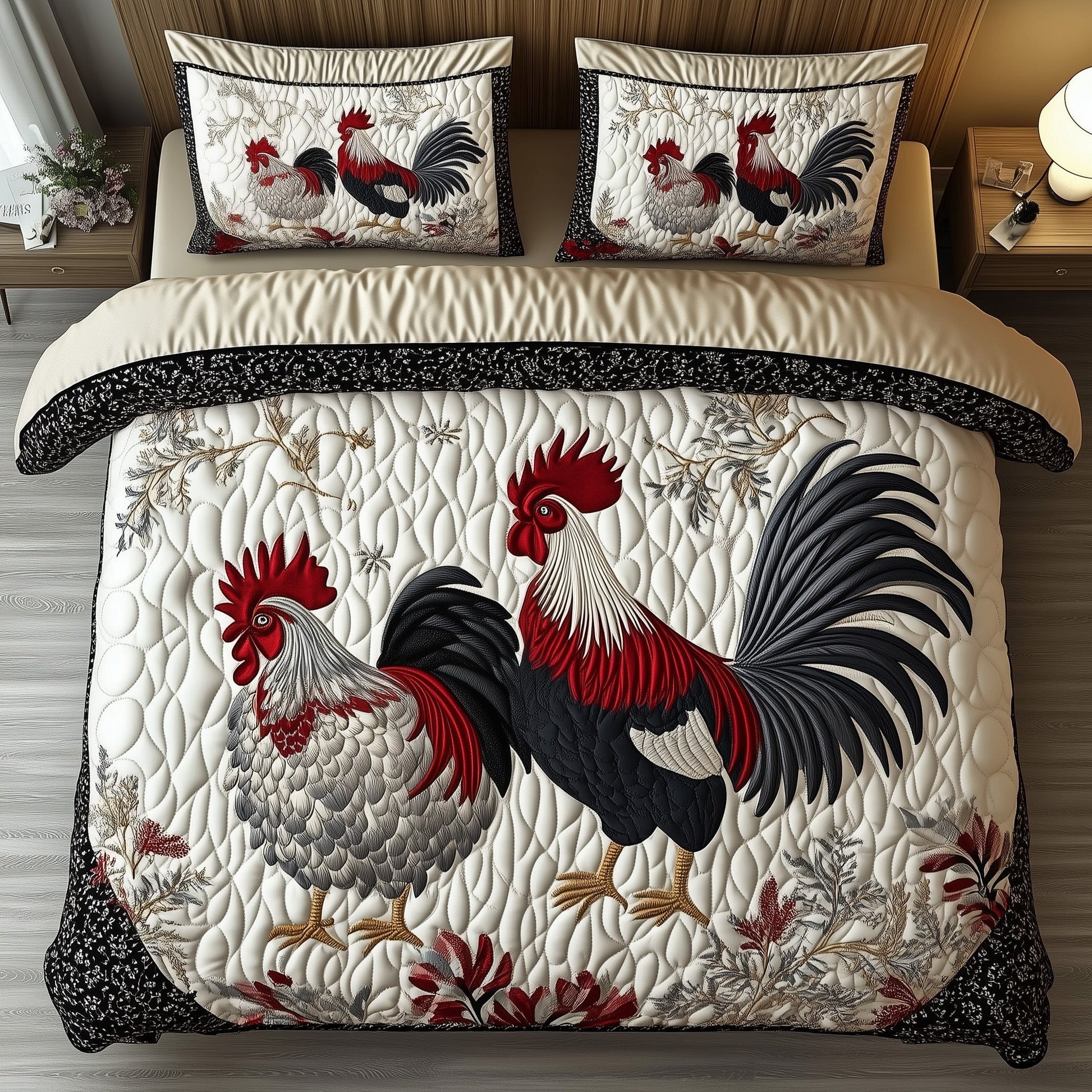Rustic Chickens Quilted Bedding Set Hen and Rooster Design Unique Bedding Gift Ideas - Bancroftclothings