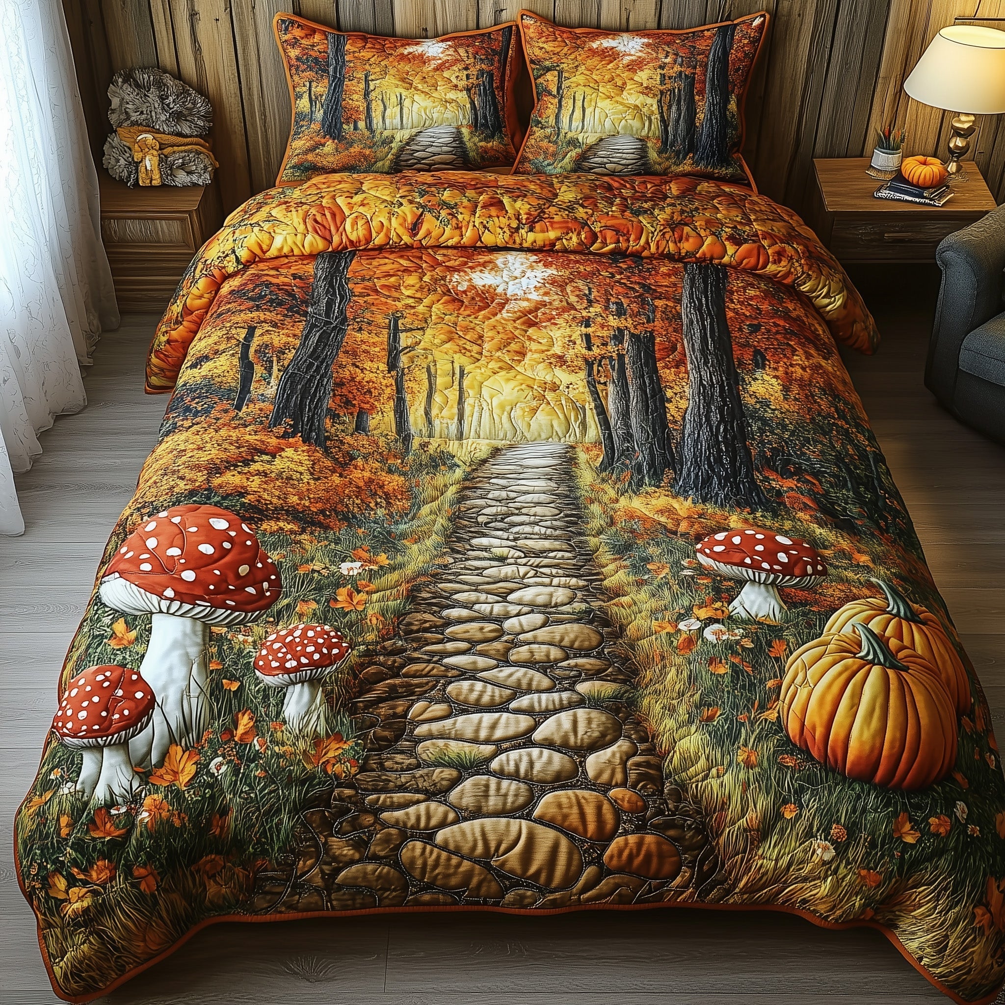 Rustic Forest Quilted Bedding Set Cozy Maple Leafs Forest Autumn Vibes Bedding Gifts - Bancroftclothings