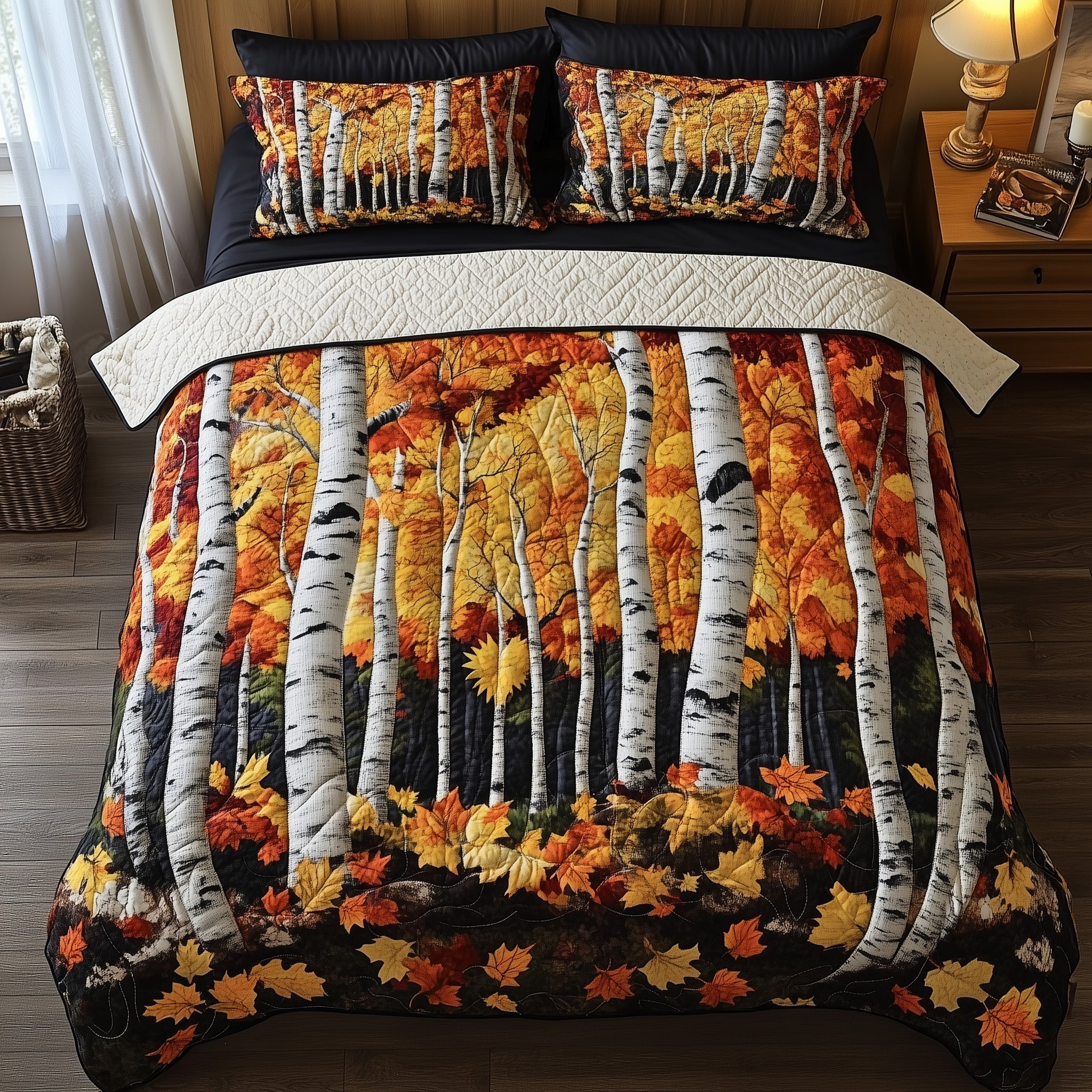 Rustic Forest Quilted Bedding Set Cozy Maple Leafs Forest Best Autumn Vibes Bedding Gifts - Bancroftclothings