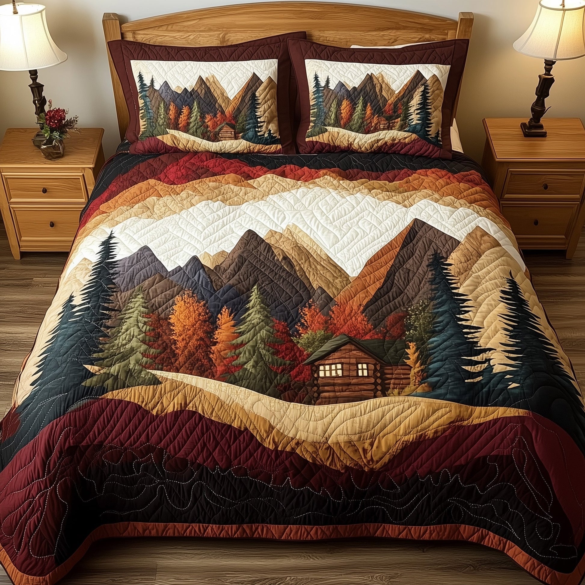 Rustic Forest Quilted Bedding Set Cozy Mountains Autumn Vibe Best Nature Bedding Presents - Bancroftclothings