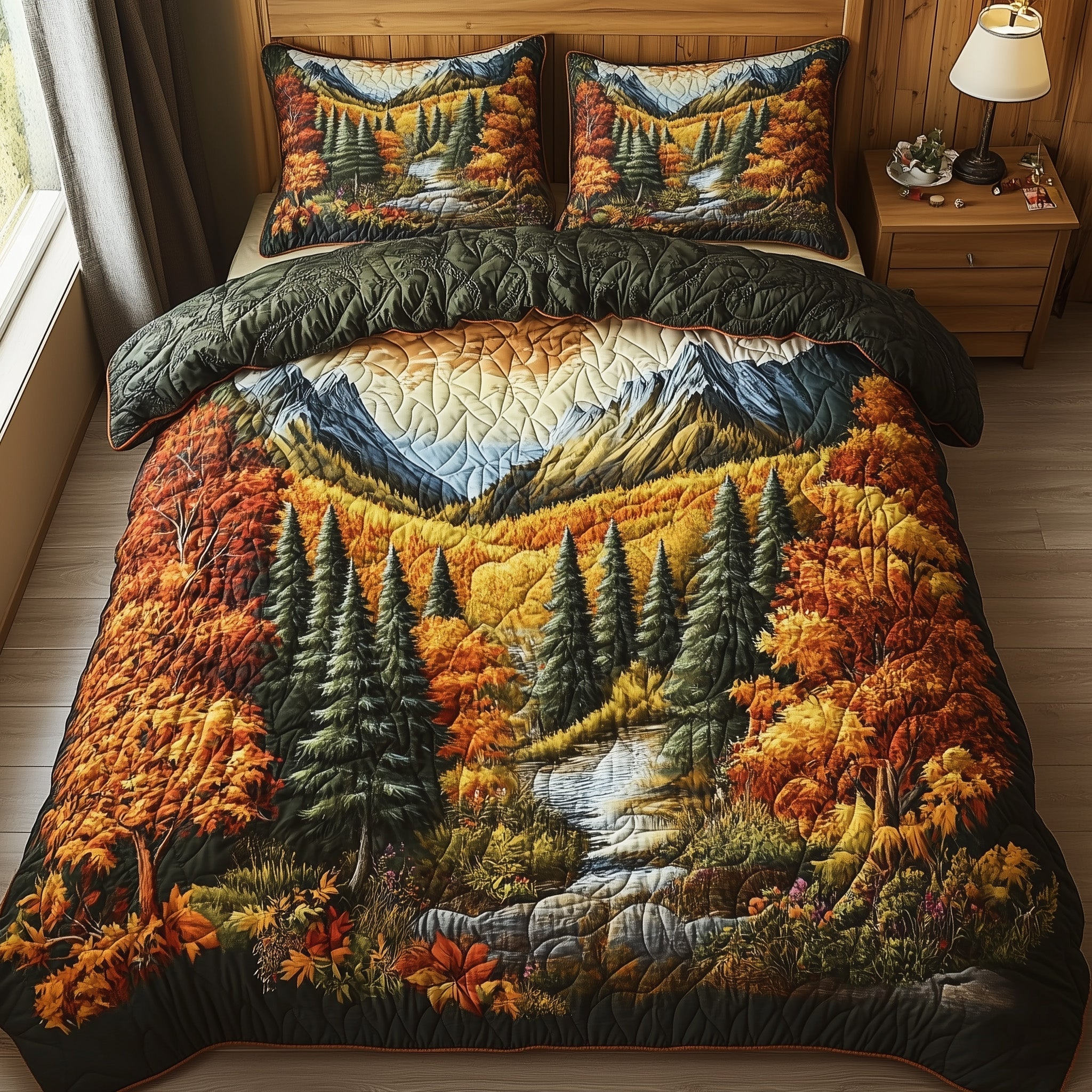 Rustic Forest Quilted Bedding Set Maple Leafs Forest Cozy Autumn Vibes Bedding Gift Ideas - Bancroftclothings