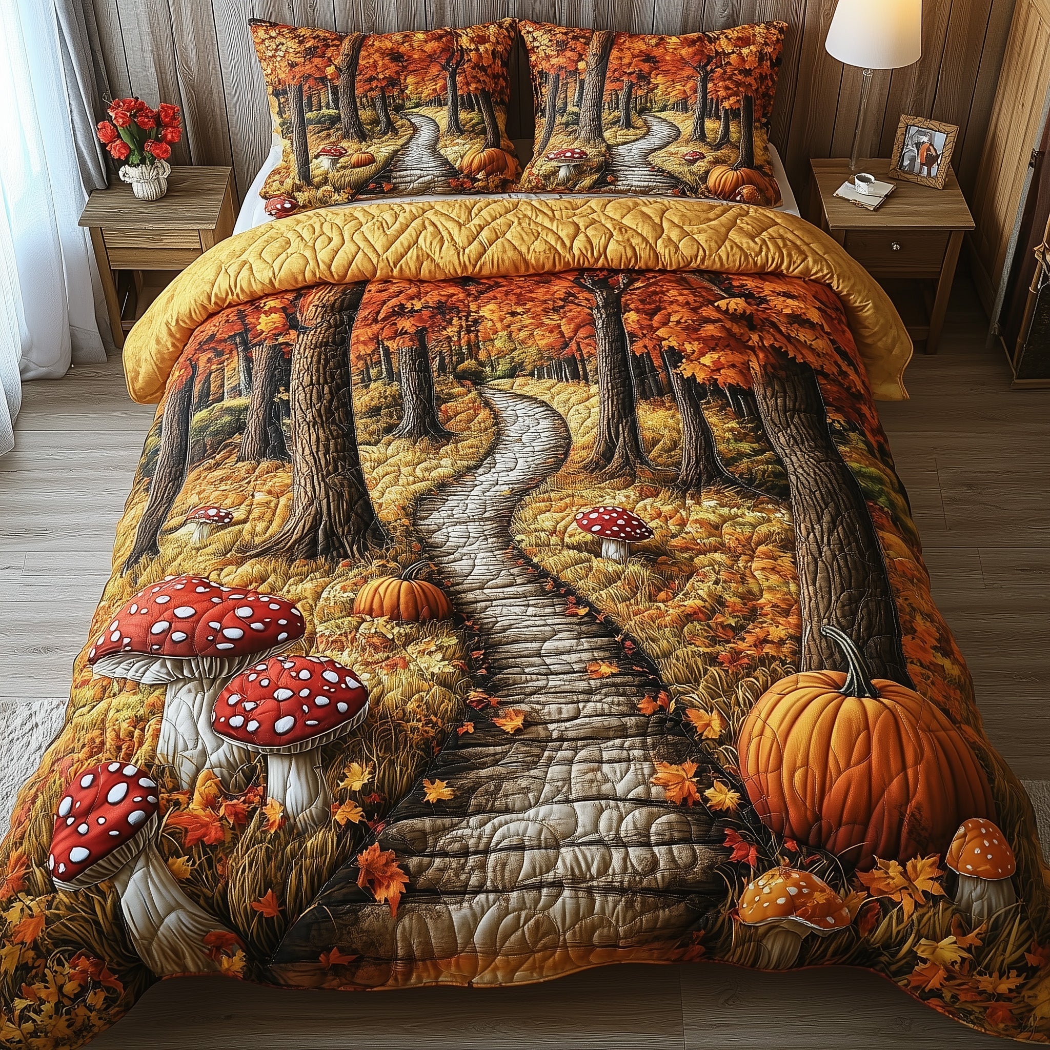 Rustic Forest Quilted Bedding Set Maple Leafs Forest Cozy Autumn Vibes Bedding Gifts - Bancroftclothings